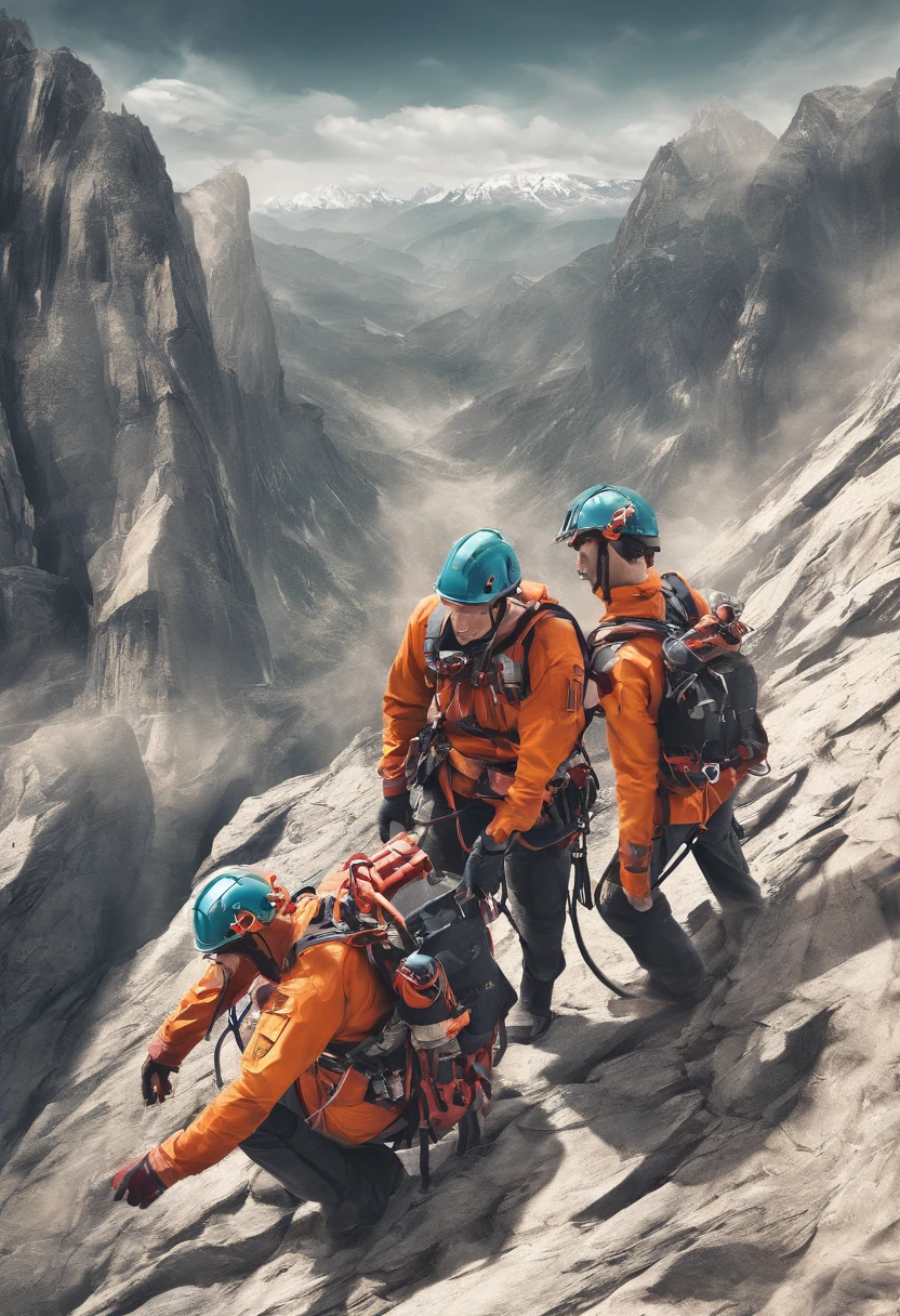 People who carry out rope rescue training,(A group of climbers:1.1),Rescue operations teams,action sports,climbing,mountain peaks,Cord,challenge,highly,Courage,(Heroic rescue scene:1.2),Emergency Response Team,full body shot of, (Jaw-dropping effect), ,(Studio lighting), hyper HD, A high resolution. The lighting in the scene is carefully set,Create a studio-like environment, Enhance visual impact