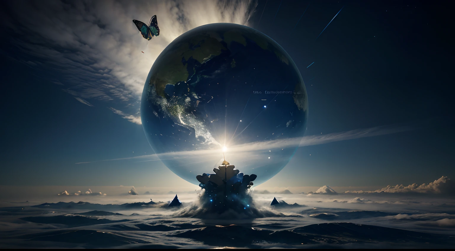 Create an opening image that highlights the title of the story "The Butterfly Effect in Climate Predictions". Adicione elementos relacionados ao clima, como nuvens e um planeta Terra.