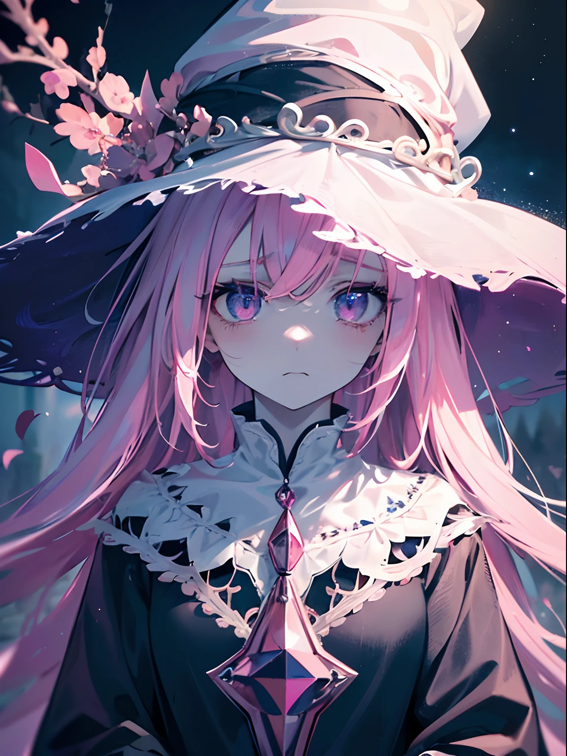 (masterpiece,best quality,ultra-detailed),1girl,pink hair,pink witch hat,(pale skin),pink witch outfit,beautiful and detailed face, detailed eyes,looking at viewer,small chest,((grey theme),((depression, sadness, melancholy)),tired expression,sad,starry sky