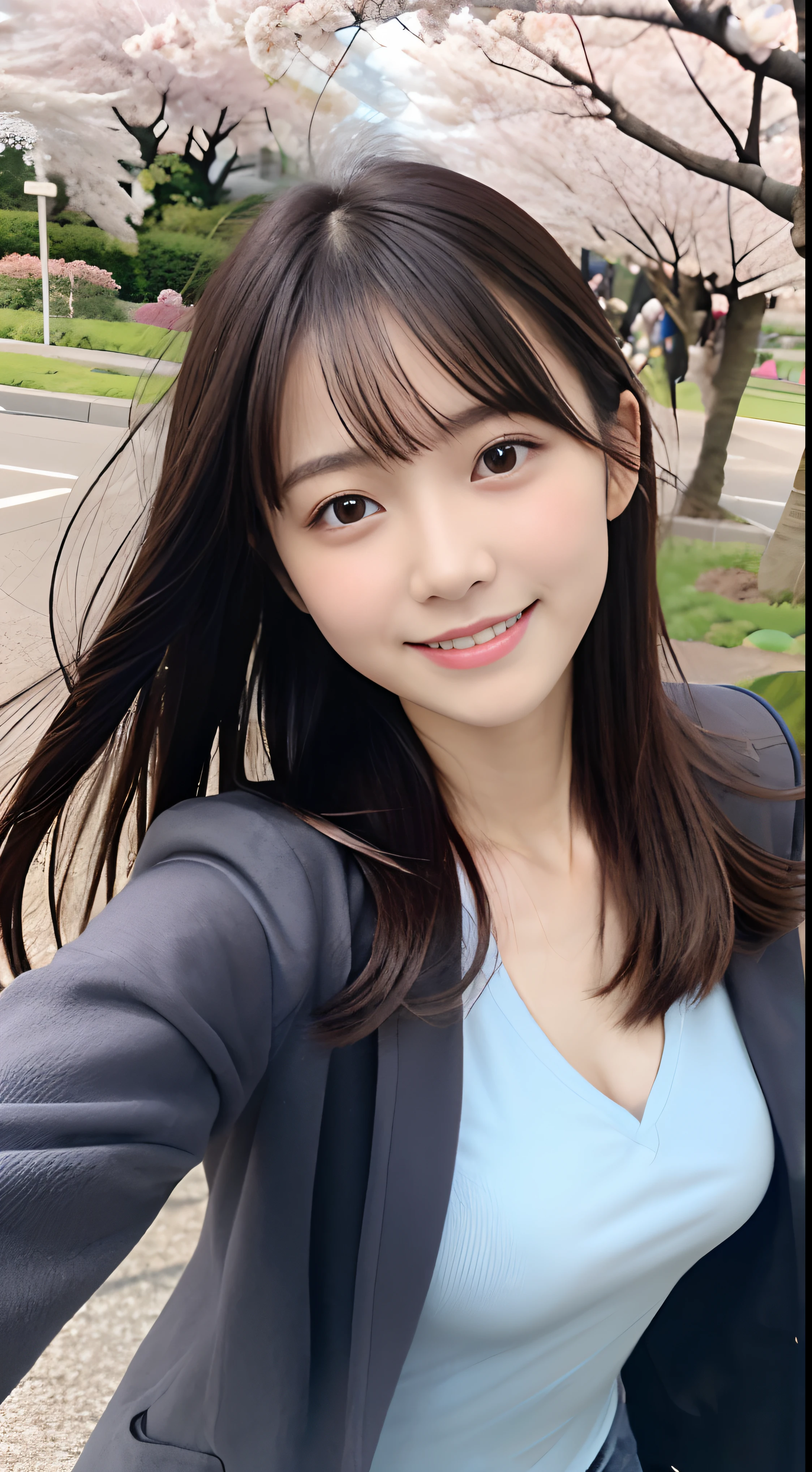 (slender small breasts and long hair,,、Close up portrait of one girl with dull bangs in spring coat and shirt :1.5)、(Low angle shot of a girl dancing happily、the hair flutters with the wind :1.5)、(Rows of cherry blossom trees in full bloom and cherry blossom petals dancing in the wind:1.5)、(Perfect Anatomy:1.3)、(No mask:1.3)、(complete fingers:1.Phototriaritic、Photography、masutepiece、top-quality、High resolution, delicate and pretty、face perfect、Delicate and beautiful eye air skin、Real Human Skin、pores、((thin legs))、(Dark hair)