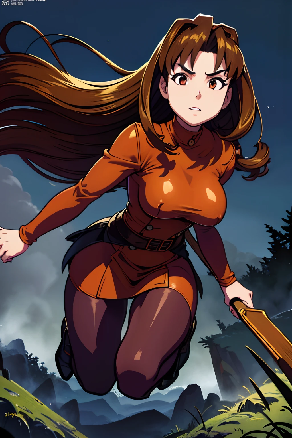 (best quality,4k,8k,highres,masterpiece:1.2),ultra-detailed,(realistic,photorealistic,photo-realistic:1.37), Vampire Hunter Naru Narusegawa, long light brown hair, brown eyes, big bouncing breasts (about a D-cup):1.1, wearing leather jacket, skirt, boots, and a white t-shirt, Ken Akamatsu art style, dynamic pose, intense expression, hunting crossbow, vampire fangs hidden under her lips, dark and mysterious forest background, moonlit night atmosphere, dramatic lighting, vibrant colors, vibrant red color tone, detailed forest foliage, blurred background, casting long shadows, intense action scene, fast-paced movement, wind blowing through her hair, confident and determined gaze, adrenaline-filled tension, cinematic composition, perspective from a low angle, adding depth and impact to the scene, dynamic lines and shapes, attention to facial features and emotions, dramatic shadows and highlights, detailed and textured clothing, realistic leather texture, shiny leather material, intricate costume designs, attention to anatomical proportions, exaggerated but balanced body proportions, attention to detail in facial features, including eyebrows, eyelashes, and hairstyles.