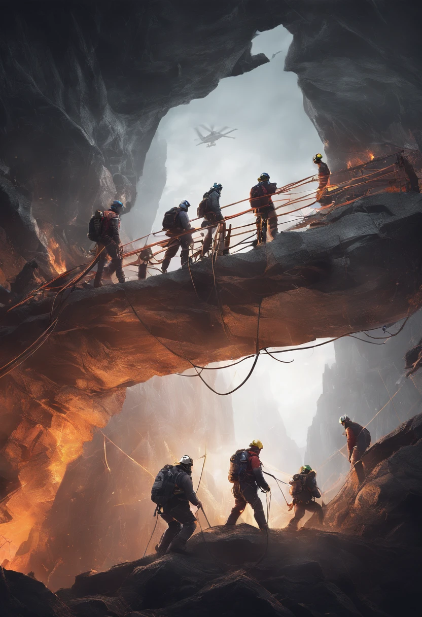 A group of mountaineers carrying out rope rescue training, (a team of rescuers), extreme sports, rock climbing, urban buildings, ropes, challenge, height, courage and determination, (heroic rescue scene:1.2), emergency response team, full-body shots, (jaw-dropping effects), (studio lighting), ultra-high definition, high resolution. The lighting in the scene is meticulously set to create a studio-like environment and enhance visual impact.
