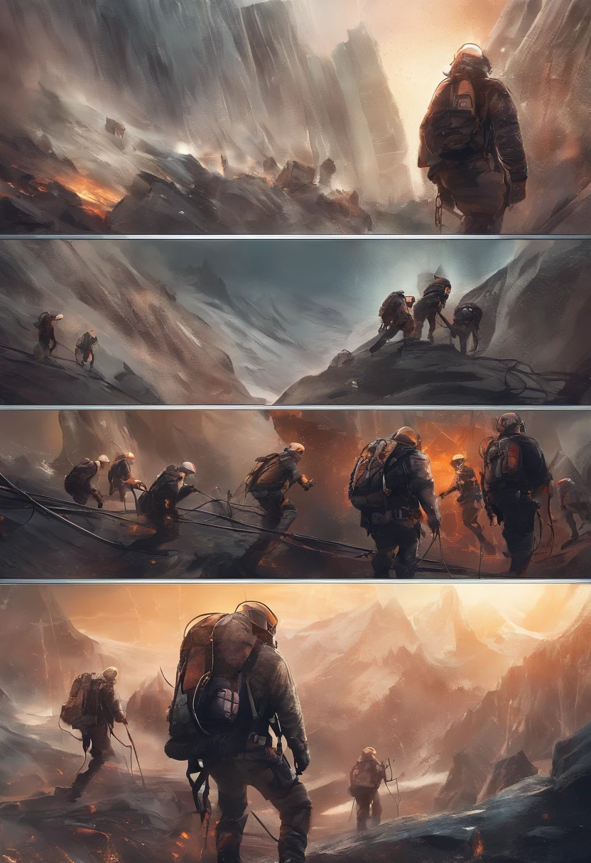 A group of mountaineers carrying out rope rescue training, (a team of rescuers), extreme sports, rock climbing, urban buildings, ropes, challenge, height, courage and determination, (heroic rescue scene:1.2), emergency response team, full-body shots, (jaw-dropping effects), (studio lighting), ultra-high definition, high resolution. The lighting in the scene is meticulously set to create a studio-like environment and enhance visual impact.