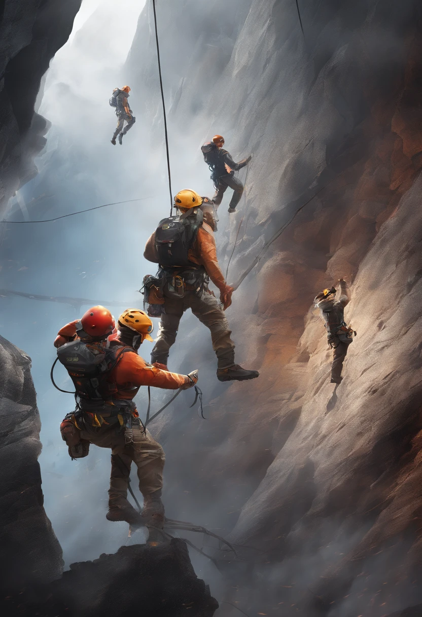 A group of mountaineers carrying out rope rescue training, (a team of rescuers), extreme sports, rock climbing, urban buildings, ropes, challenge, height, courage and determination, (heroic rescue scene:1.2), emergency response team, full-body shots, (jaw-dropping effects), (studio lighting), ultra-high definition, high resolution. The lighting in the scene is meticulously set to create a studio-like environment and enhance visual impact.