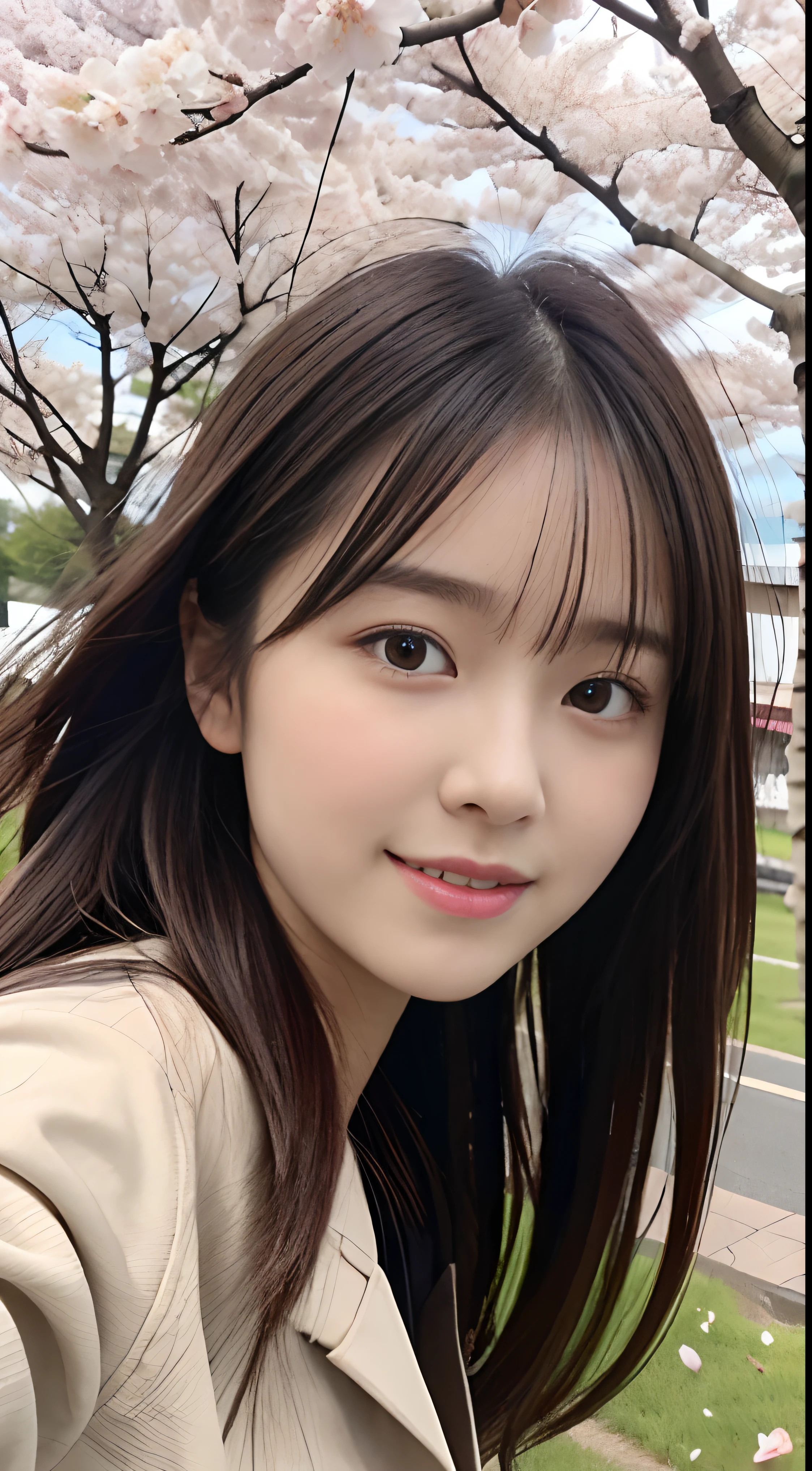 (slender small breasts and long hair,,,、Close up portrait of one girl with dull bangs in spring coat and shirt :1.5)、(Low angle shot of a girl dancing happily、the hair flutters with the wind :1.5)、(Rows of cherry blossom trees in full bloom and cherry blossom petals dancing in the wind:1.5)、(Perfect Anatomy:1.3)、(No mask:1.3)、(complete fingers:1.3)、Photorealistic、Photography、masutepiece、top-quality、High resolution, delicate and pretty、face perfect、Beautiful detailed eyes、Fair skin、Real Human Skin、pores、((thin legs))、(Dark hair)