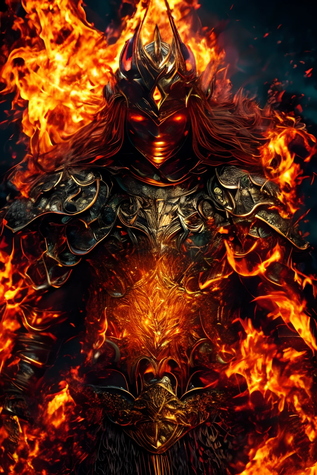 fantasy pyromancer,heavy armor,helmet,gazing,into the distance,mystical flames dancing around,fiery emblem,engraved on the chestplate,golden accents,reflected in the flames,burning ash,swirling,at their feet,crackling sound,echoes through the air,smoke billowing,casting an eerie glow,against the dark night sky,sparks flying,into the unknown,powerful presence,heat radiating,from their body,magical runes,glowing on the armor,bright red hair,flowing in the wind,scorched earth,under their footsteps,mysterious aura,illuminating the surroundings,concentrated expression,determination in their eyes,intense heat,emanating from their hands,creating a fiery whirlwind,commanding the flames,with their will,embodiment of fire and strength,(best quality,highres),intense color palette,highlighting the flames,dark shadows and highlights,creating depth and contrast,casting shadows on their face,metallic texture of the armor,reflecting the flames,sharp and detailed features,showcasing individual hair strands,created with precision,rich colors,echoing the intensity of the flames,moody atmosphere,accentuating the enigmatic nature of the pyromancer,dramatic lighting,capturing the flickering flames,giving life to the scene.