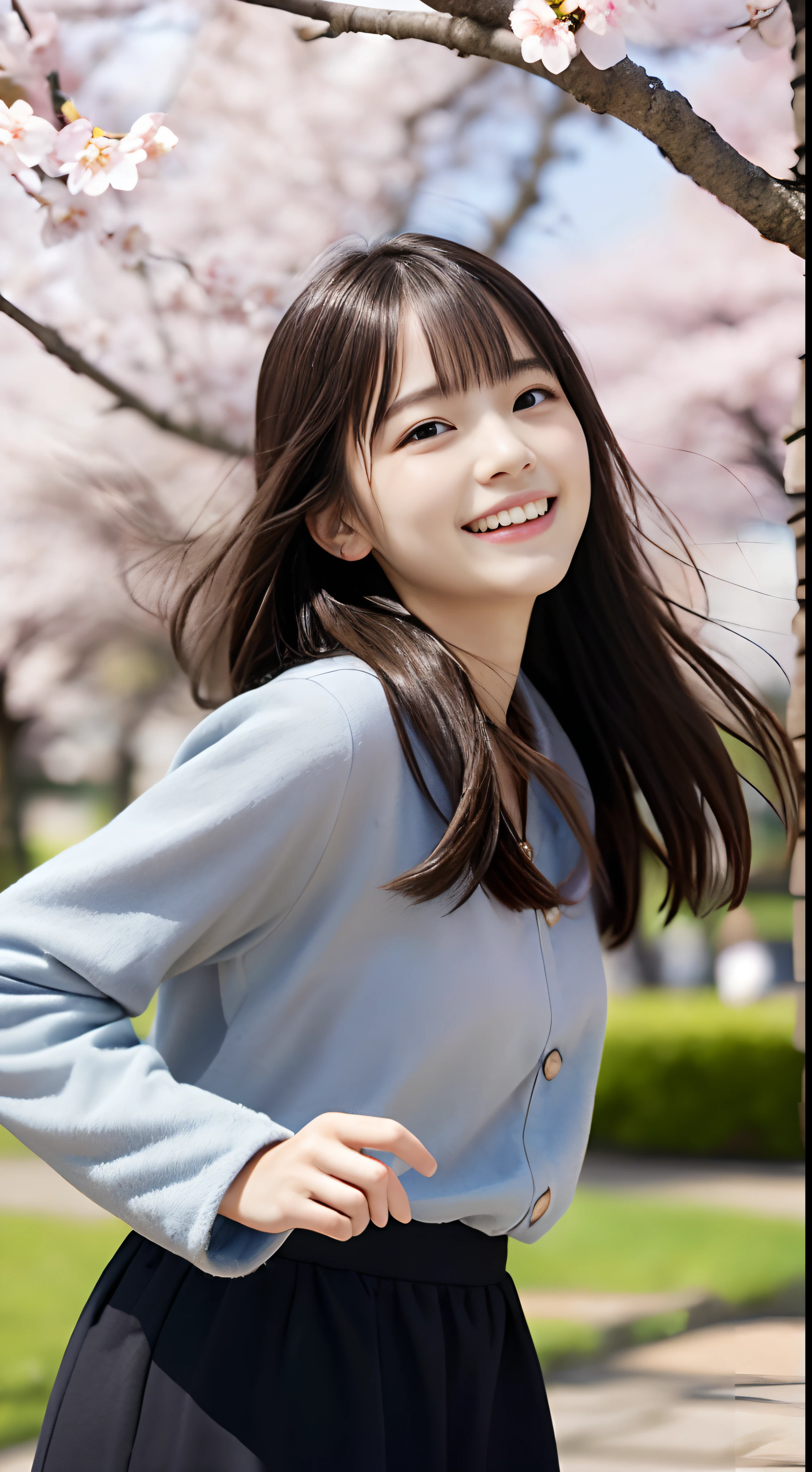 (slender small breasts and long hair,,,、Close up portrait of one girl with dull bangs in spring coat and shirt :1.5)、(Low angle shot of a girl dancing happily、the hair flutters with the wind :1.5)、(Rows of cherry blossom trees in full bloom and cherry blossom petals dancing in the wind:1.5)、(Perfect Anatomy:1.3)、(No mask:1.3)、(complete fingers:1.3)、Photorealistic、Photography、masutepiece、top-quality、High resolution, delicate and pretty、face perfect、Beautiful detailed eyes、Fair skin、Real Human Skin、pores、((thin legs))、(Dark hair)