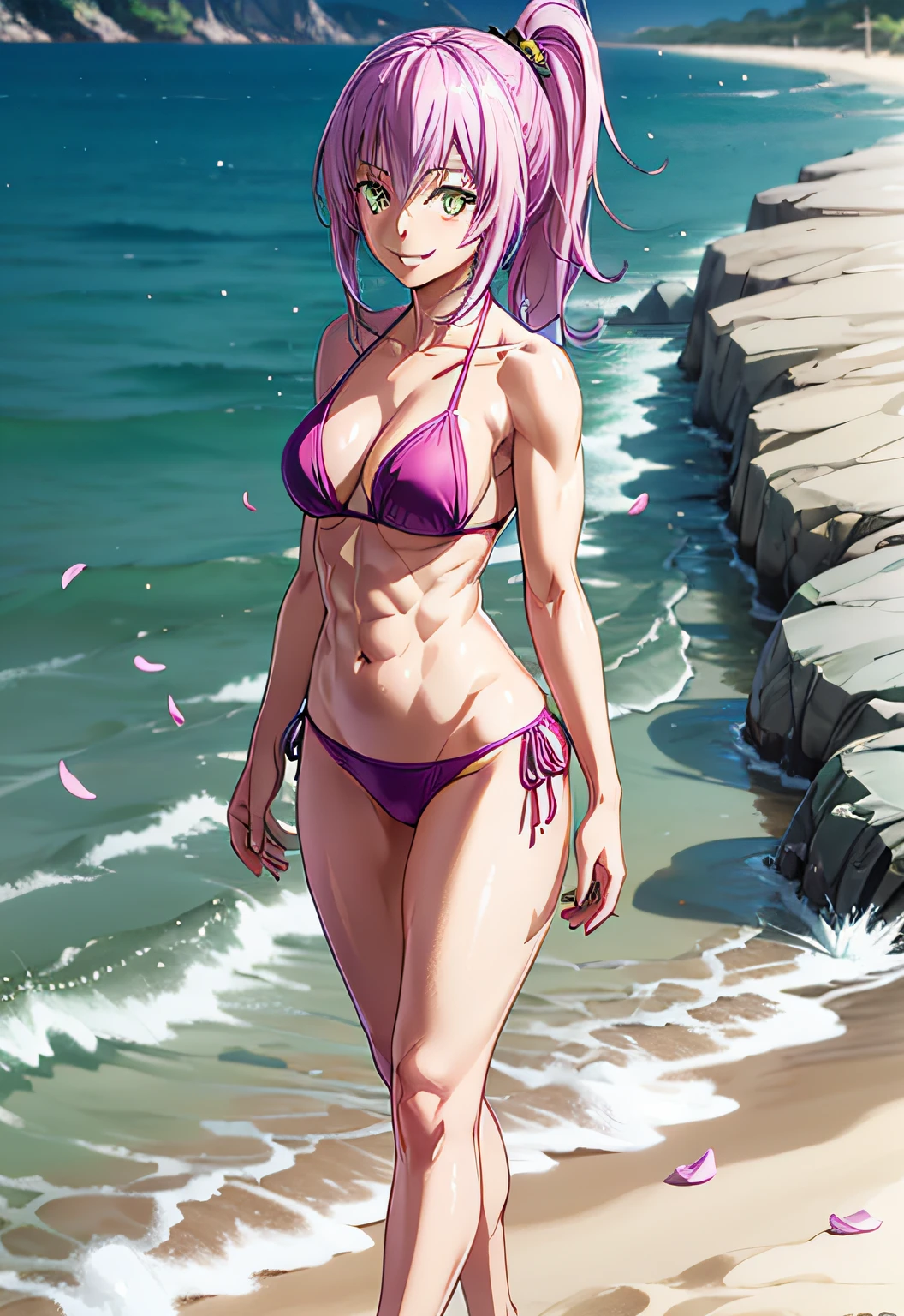 1 anime girl with purple hair, on the beach 1girl, solo, smile, green eyes, petals, pink hair, looking at the viewer ((tensura)), ((last)), wearing a short bikini, ponytail side, toned legs, thick muscular thighs, thin waist, muscular belly, standing, barefoot, 8K, ultra realistic