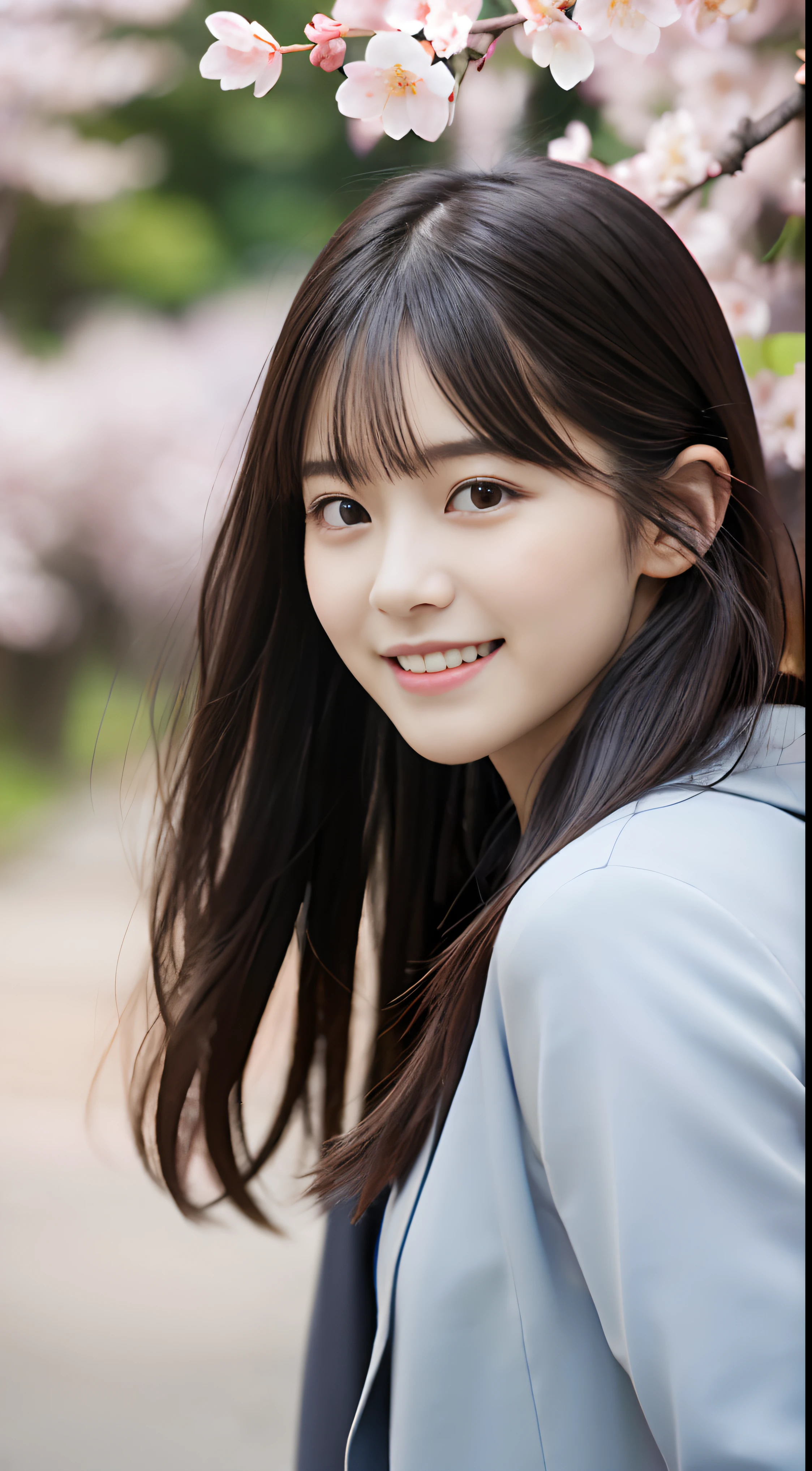 (slender small breasts and long hair,,,、Close up portrait of one girl with dull bangs in spring coat and shirt :1.5)、(Low angle shot of a girl dancing happily、the hair flutters with the wind :1.5)、(Rows of cherry blossom trees in full bloom and cherry blossom petals dancing in the wind:1.5)、(Perfect Anatomy:1.3)、(No mask:1.3)、(complete fingers:1.3)、Photorealistic、Photography、masutepiece、top-quality、High resolution, delicate and pretty、face perfect、Beautiful detailed eyes、Fair skin、Real Human Skin、pores、((thin legs))、(Dark hair)