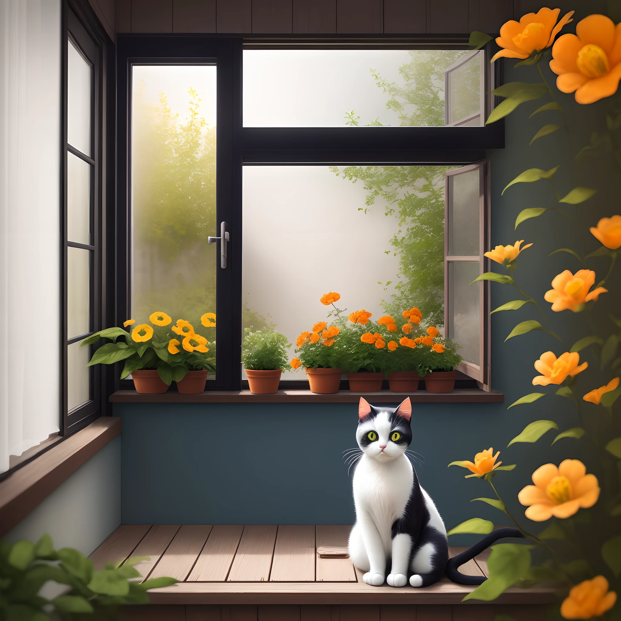 Black and white milk cat cute sitting on windowsill looking out the window,🈶️ Beautiful garden and red、de cor laranja、yellow、green、Blue flowers