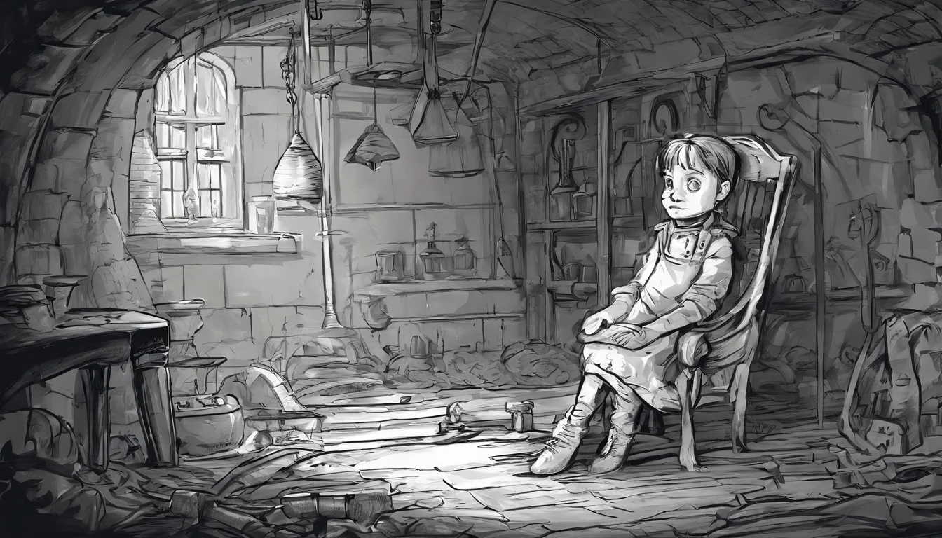 medium close up of a deformed child in a victorian basement. Children's book style. Sketchy monochromatic.