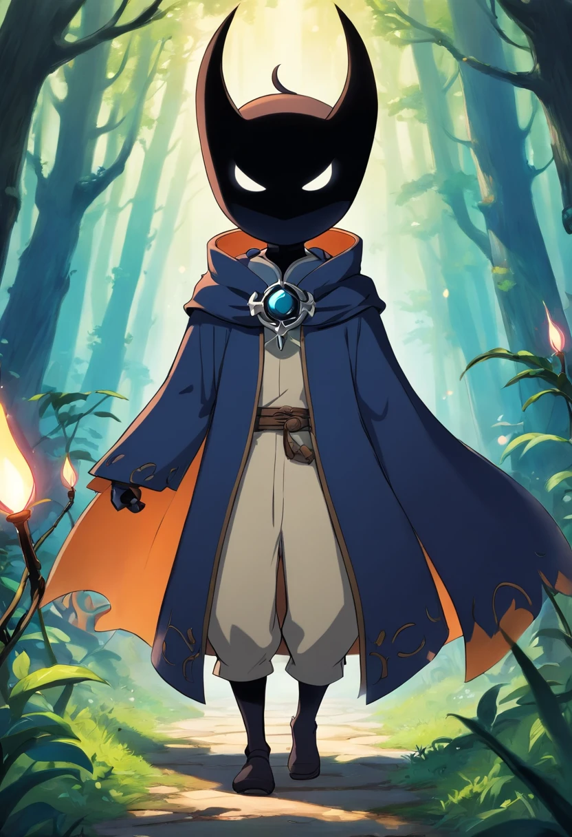 personagem masculino para o jogo 2d estilo hollow knight, cabelo preto com detalhes roxos, olhos roxos brilhantes, pele clara com marcas sombrias, Cabo feito de energia escura, wears a costume that mixes elements of hunting and shadow magic, luvas escuras e botas de couro . imagem corpo inteiro