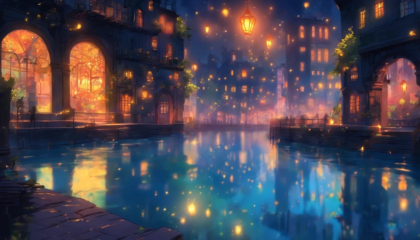 Luzes flutuantes de dia das bruxas, Light and reflection in the film, luzes brilhantes, Intermediate elements of the metaverse，pintura digital, reflexos brilhantes, refletir, dia das bruxas Jack-o'-lanterna, Noite Tranquila, digital illustation, Atmosfera encantadora, Skylight at night, Tranquil atmosphere at night, Jack-o'-lanterna, dia das bruxas, it is night time, Dez, A cena do jogo, dia das bruxas, cercado por nuvens, Buildings in New York, Telha de Esmalte,  cor bonita, There are three arches in the foreground((Tint Placement Ink ) ), ((Salpicos de tinta) Inky})), tmasterpiece, Alta carreira, graphics beautiful, Detalhes altos,magnifica