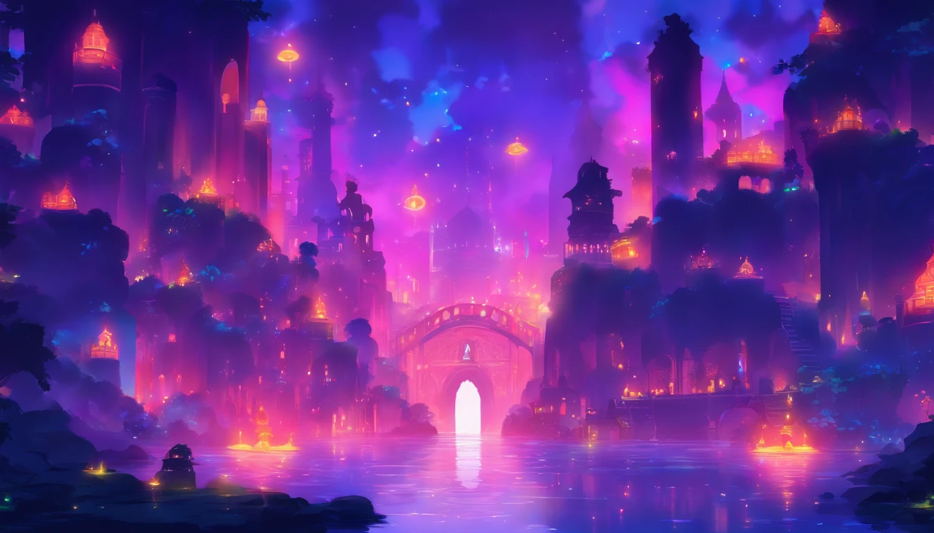 Luzes flutuantes de dia das bruxas, Light and reflection in the film, luzes brilhantes, Intermediate elements of the metaverse,pintura digital, reflexos brilhantes, refletir, dia das bruxas Jack-o'-lanterna, Noite Tranquila, digital illustation, Atmosfera encantadora, Skylight at night, Tranquil atmosphere at night, Jack-o'-lanterna, dia das bruxas, it is night time, Dez, A cena do jogo, dia das bruxas, cercado por nuvens, Buildings in New York, Telha de Esmalte, cor bonita, There are three arches in the foreground((Tint Placement Ink ) ), ((Salpicos de tinta) Inky})), tmasterpiece, Alta carreira, graphics beautiful, Detalhes altos,magnifica