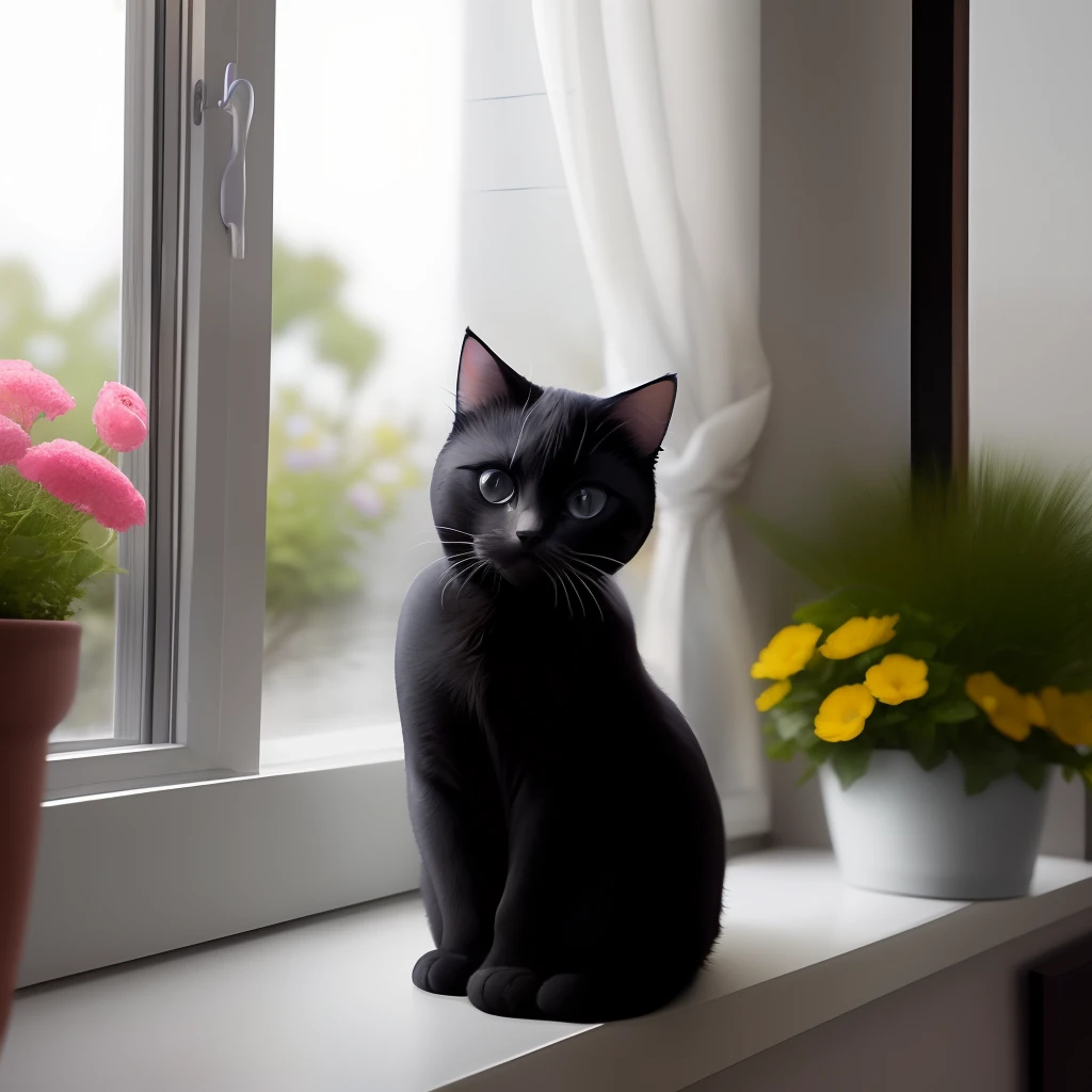 Black and white milk cat cute sitting on windowsill looking out the window，🈶️ Beautiful garden and flowers of various colors