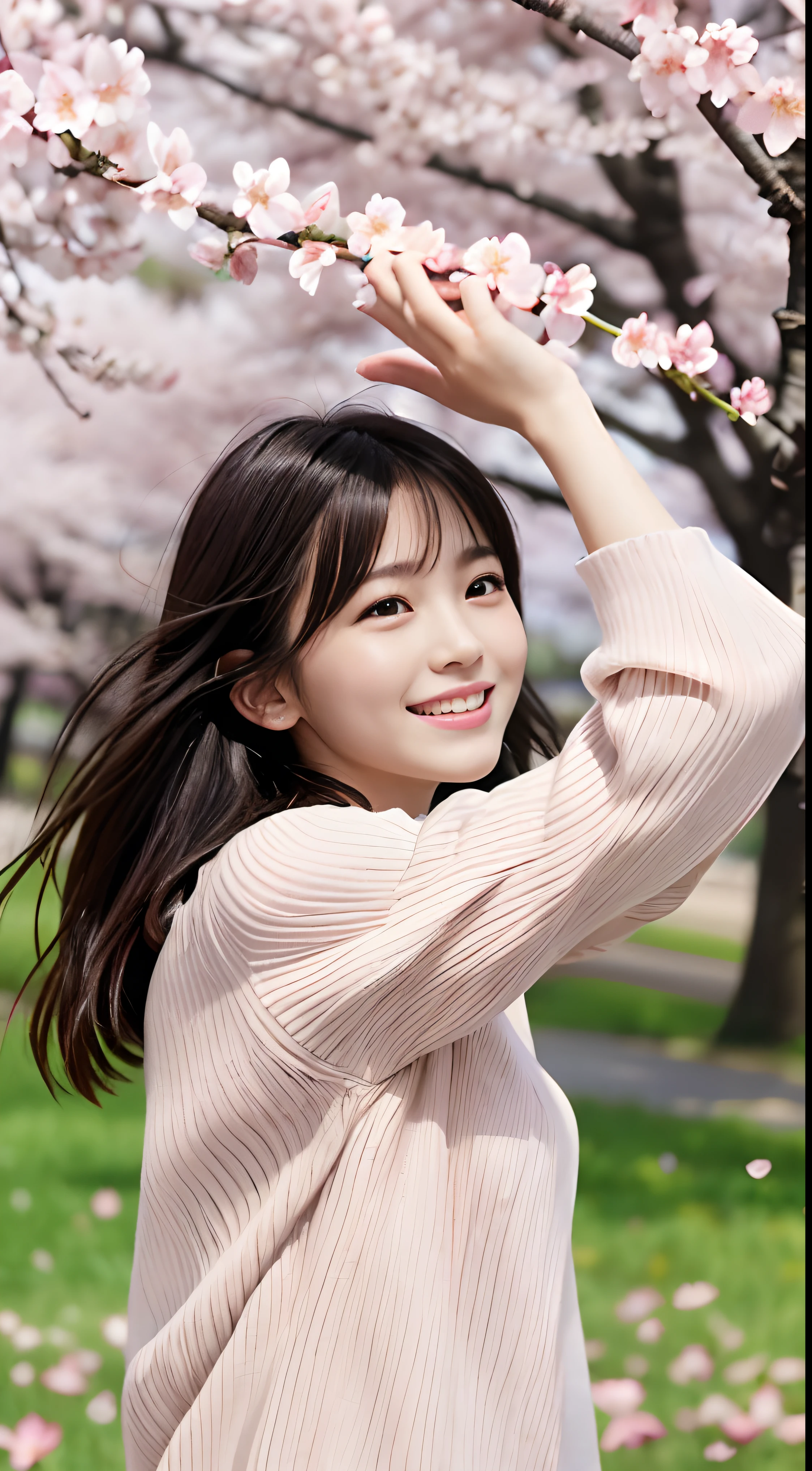 (slender small breasts and long hair,,,,,、Low angle shot closeup of one girl with dull bangs in spring sweater and shirt :1.5)、(Low angle shot of a girl dancing happily、the hair flutters with the wind :1.5)、(Rows of cherry blossom trees in full bloom and cherry blossom petals dancing in the wind:1.5)、(Perfect Anatomy:1.3)、(No mask:1.3)、(complete fingers:1.3)、Photorealistic、Photography、masutepiece、top-quality、High resolution, delicate and pretty、face perfect、Beautiful detailed eyes、Fair skin、Real Human Skin、pores、((thin legs))、(Dark hair)