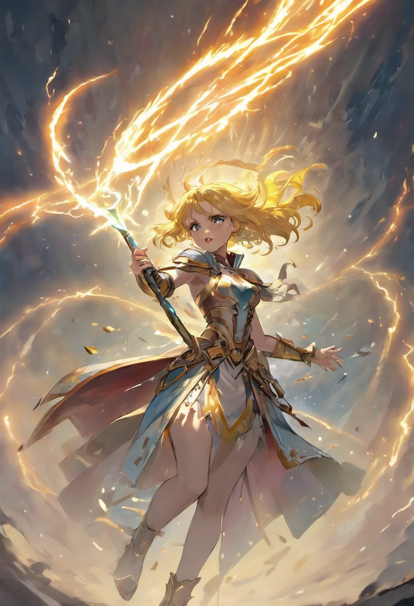 (((stormcast eternals))), ((masterpiece:1.2, best quality)), 1girl, solo, (full white and gold armor), pink hair, long hair, aurora, day, thunder (sky), shoulderpads, sky, armor, day sky, open mouth, electrical storm sky, pink glowing eyes, white dress, smile, cape, pink hair, (hammer), sigmar, warhammer, clouds, day, (impressionism:1.4), (tarot:1.3), alphonse mucha,