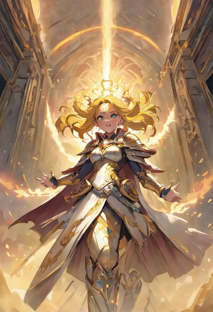 (((stormcast eternals))), ((masterpiece:1.2, best quality)), 1girl, solo, (full white and gold armor), pink hair, long hair, aurora, day, thunder (sky), shoulderpads, sky, armor, day sky, open mouth, electrical storm sky, pink glowing eyes, white dress, smile, cape, pink hair, (hammer), sigmar, warhammer, clouds, day, (impressionism:1.4), (tarot:1.3), alphonse mucha,