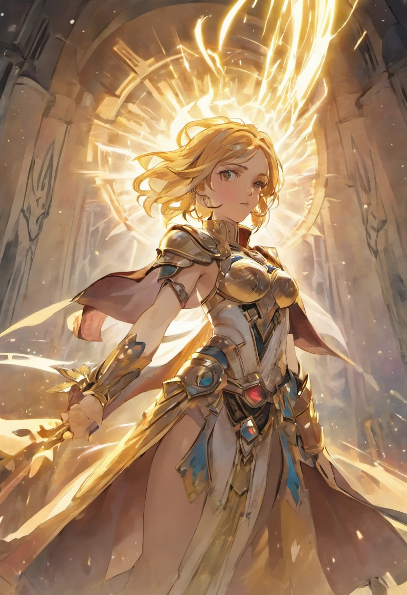 (((stormcast eternals))), ((masterpiece:1.2, best quality)), 1girl, solo, (full white and gold armor), pink hair, long hair, aurora, day, thunder (sky), shoulderpads, sky, armor, day sky, open mouth, electrical storm sky, pink glowing eyes, white dress, smile, cape, pink hair, (hammer), sigmar, warhammer, clouds, day, (impressionism:1.4), (tarot:1.3), alphonse mucha,