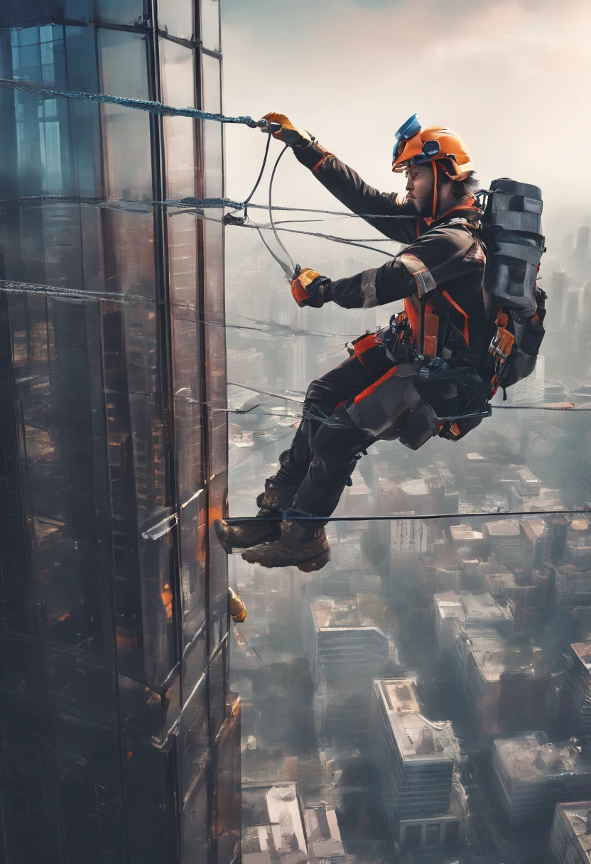 (best quality,4k,highres),(realistic,photo-realistic:1.37),detailed rescue training in a modern city building,human figures on ropes,urban landscape with breathtaking views,exhilarating visual impact,sturdy support and safety,leaning on ropes for stability,vivid colors,professional,humans of Chinese ethnicity,amazing skyline,rooftop training,rope rescue practice,dynamic poses,training equipment,high-rise architecture,cityscape,challenging environment,adrenaline rush,confidence,teamwork,security belts,harnesses,exterior glass walls,high-altitude training,precise movements,safety precautions,extraordinary panorama,tall skyscrapers,urban exploration,perspectives,determined expressions,strengthening skills,mastering heights,impressive architectural design,improving rescue capabilities,unparalleled training experience,steel cables,heart-pounding moments,awe-inspiring view,impressive feats,strengthening bodies and minds,confidence building,urban adventure