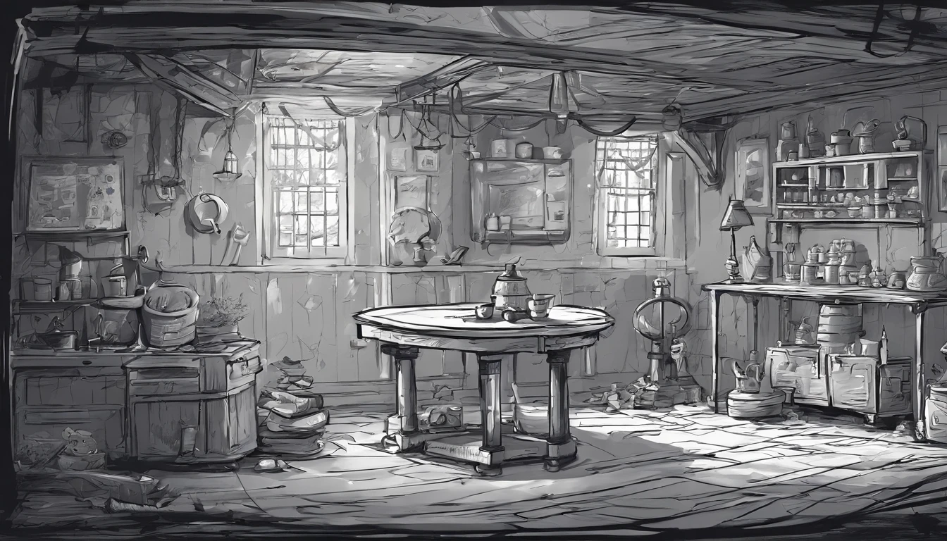 shabby victorian basement. Children's book style. Sketchy monochromatic.