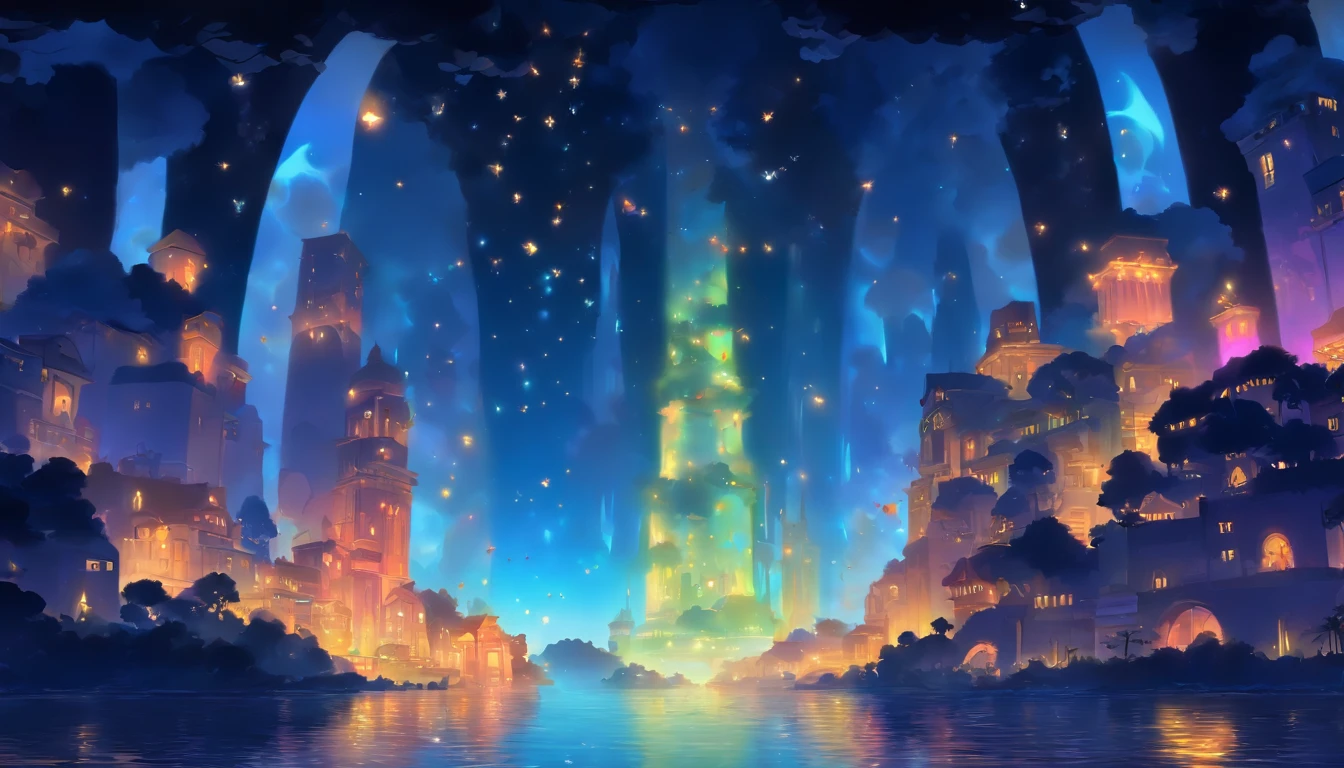 Luzes flutuantes de dia das bruxas, Light and reflection in the film, luzes brilhantes, Intermediate elements of the metaverse，Pintura digital, reflexos brilhantes, refletir, dia das bruxas Jack-o'-lanterna, noite tranquila, digital illustation, Atmosfera encantadora, Skylight at night, Tranquil atmosphere at night, Jack-o'-lanterna, dia das bruxas, it is night time, Dez, A cena do jogo, dia das bruxas, cercado por nuvens, Buildings in New York, Telha de Esmalte,  cor bonita, There are three arches in the foreground((Tint Placement Ink ) ), ((salpicos de tinta) Inky})), tmasterpiece, Alta carreira, graphics beautiful, detalhes altos,magnifica