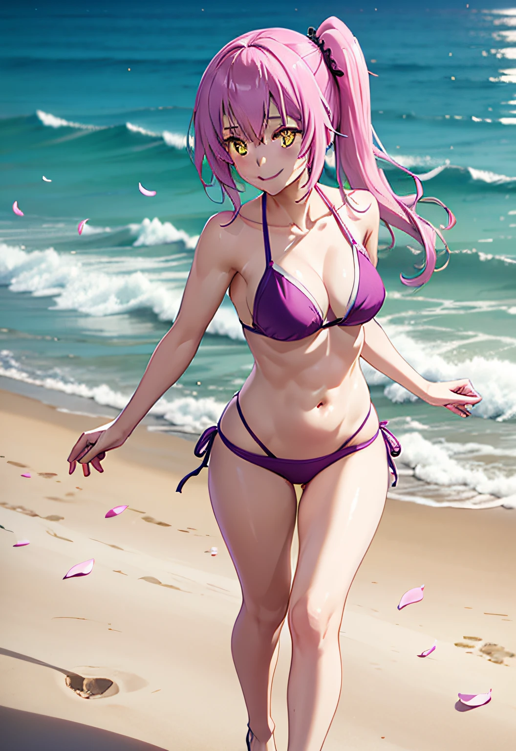 1 anime girl with purple hair, on the beach 1girl, solo, ((smile)), cute, yellow eyes, petals, pink hair, looking at the viewer ((tensure)), ((last)), wearing a bikini short, side ponytail, toned legs, thick muscular thighs, thin waist, muscular belly, standing, barefoot, 8K, ultra realistic