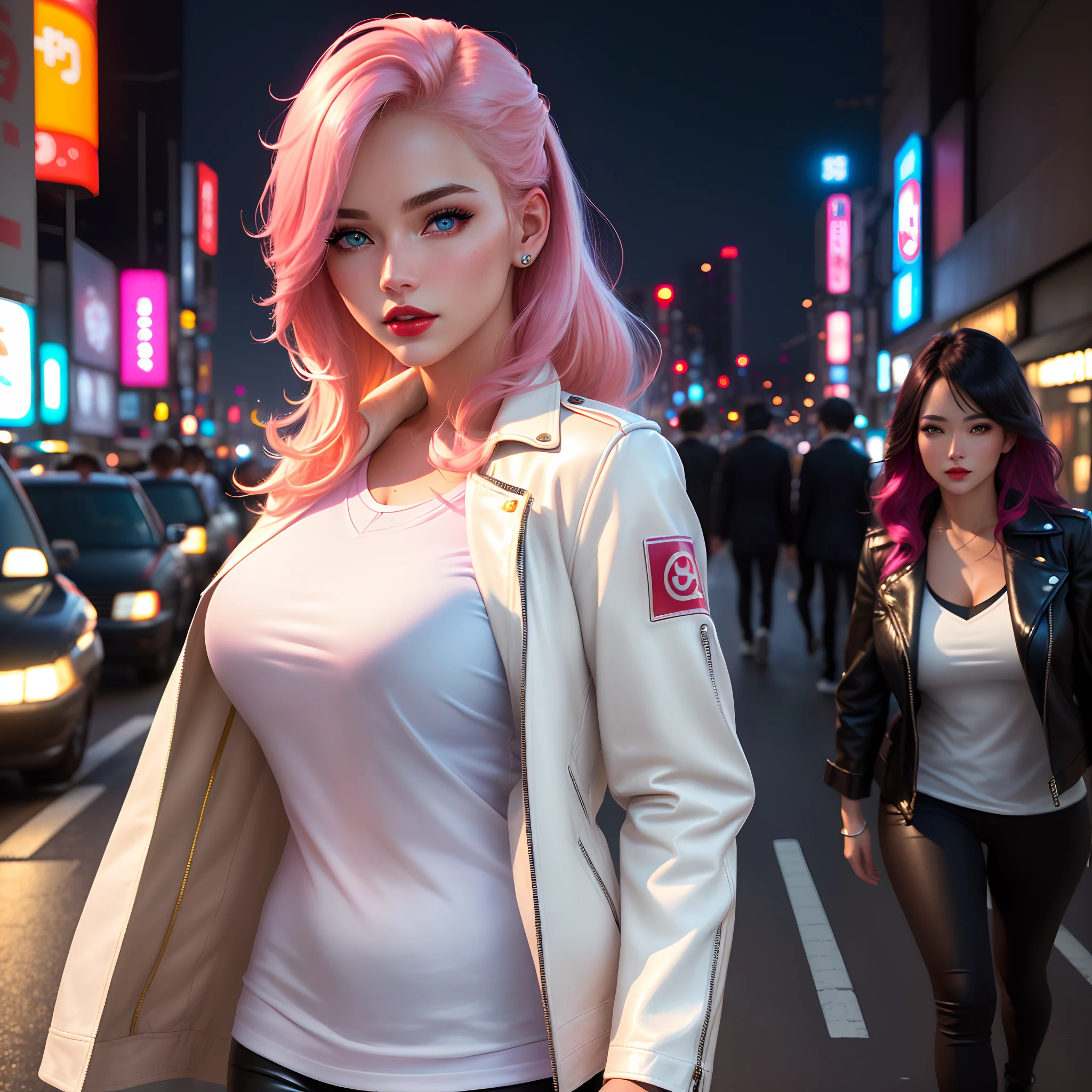 Create super realistic sexy female model with close shot ,beautiful face, whiteshirt, leather jacket , red lips, pink cheeks, amazing eyes with blue color, golden hair , 8k resolution , detailed skin texture , hairs should be detailed, capture Sony alpha camera, high res, dramatic lighting,walking in Tokyo street, Tokyo city background