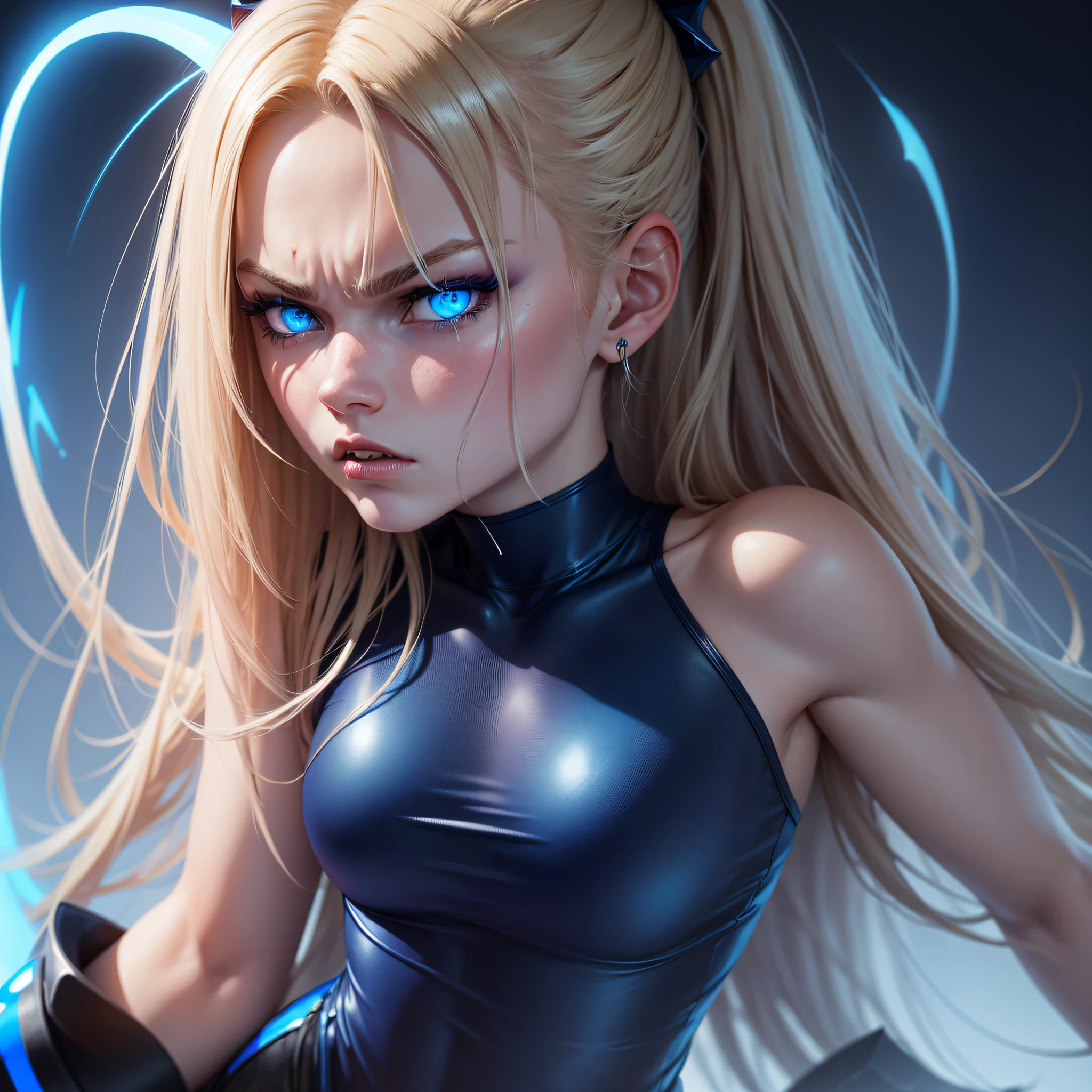 gros plan sur une fille russe, long cheveux blond, yeux bleu magnifique, angry, Digital Demonic Neon Blue Background, ultra realist