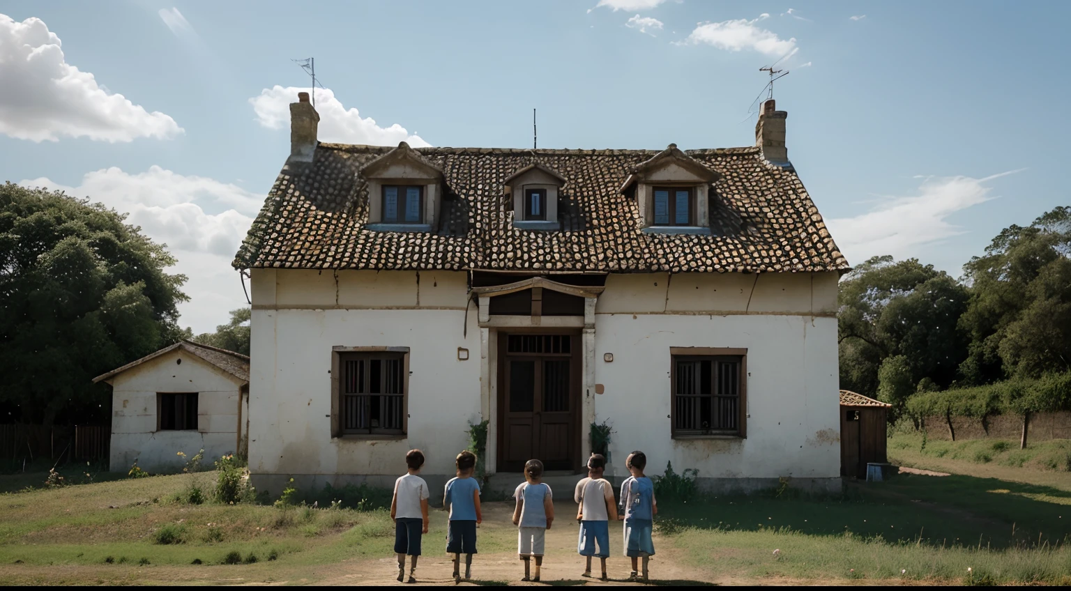 Old house front childrens playing