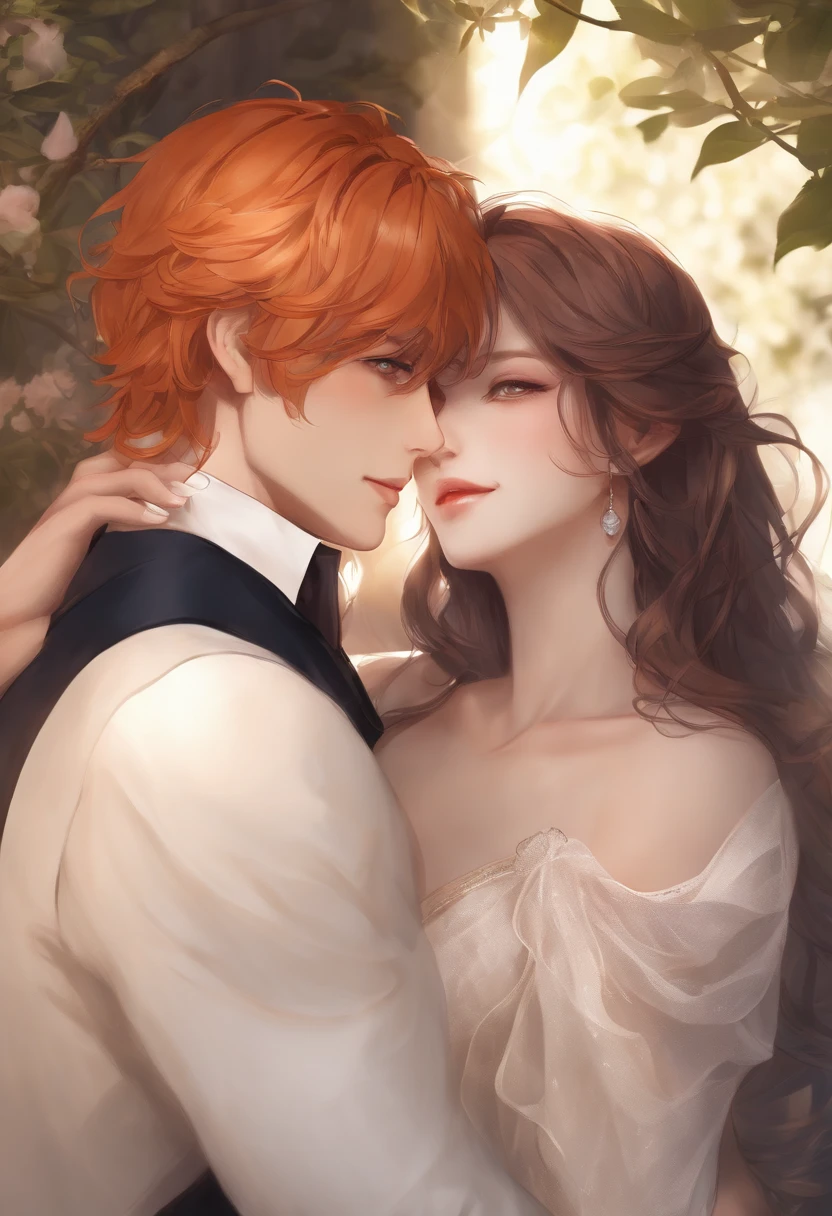 (best quality, highres, ultra-detailed), (Midrealistic) Chuuya Nakahara, vibrant orange hair, piercing blue eyes, seductive male figure, passionately engaged in an intimate encounter, [extremely detailed eyes and face], [hands elegantly entwined], [subtle blush on his cheeks], [playful expression], [soft evening light], [mysterious atmosphere], [impeccable fashion sense], [subtle hints of cherry blossoms], [deep emotional connection], [sensual energy], [rich textures], [dynamic composition], [romantic ambiance], [expressive body language], [lush colors], [close-up view], [alluring gaze], [carefully crafted shadows], [eye-catching contrast], [perfectly balanced tones], [intimacy], [striking beauty].