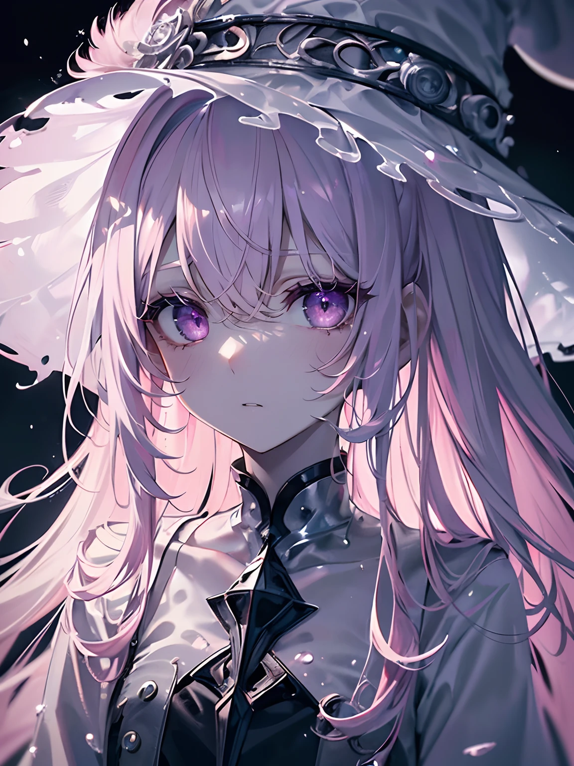 (masterpiece,best quality,ultra-detailed),1girl,pink hair,pink witch hat,(pale skin),beautiful and detailed face, detailed eyes,looking at viewer,small chest,((grey theme),((depression, sadness, melancholy)),tired expression,sad,watery eyes, swollen eyelids