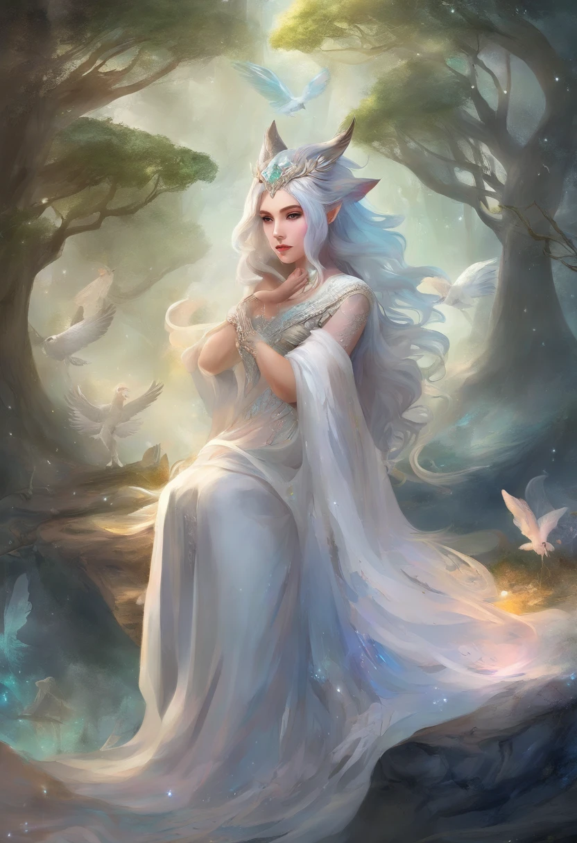 a beautiful ethereal swan queen, 1 girl, elegant swan-like features, long graceful swan neck, porcelain skin, piercing eyes, swan-like headdress, flowing white dress, swan-like movements, glowing ethereal aura, ambient lighting, mist and fog, serene forest background, detailed facial features, highly detailed, photorealistic, 8k, cinematic lighting, dramatic lighting, dramatic poses, fantasy art