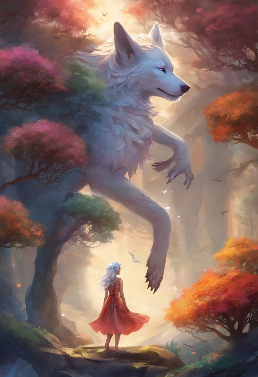 (masterpiece, best quality, ultra-detailed, 4K), 1girl, wolf ears, short hair, (multicolor hair, black and white hair) charismatic, full body, full body dress, godess, mother of earth