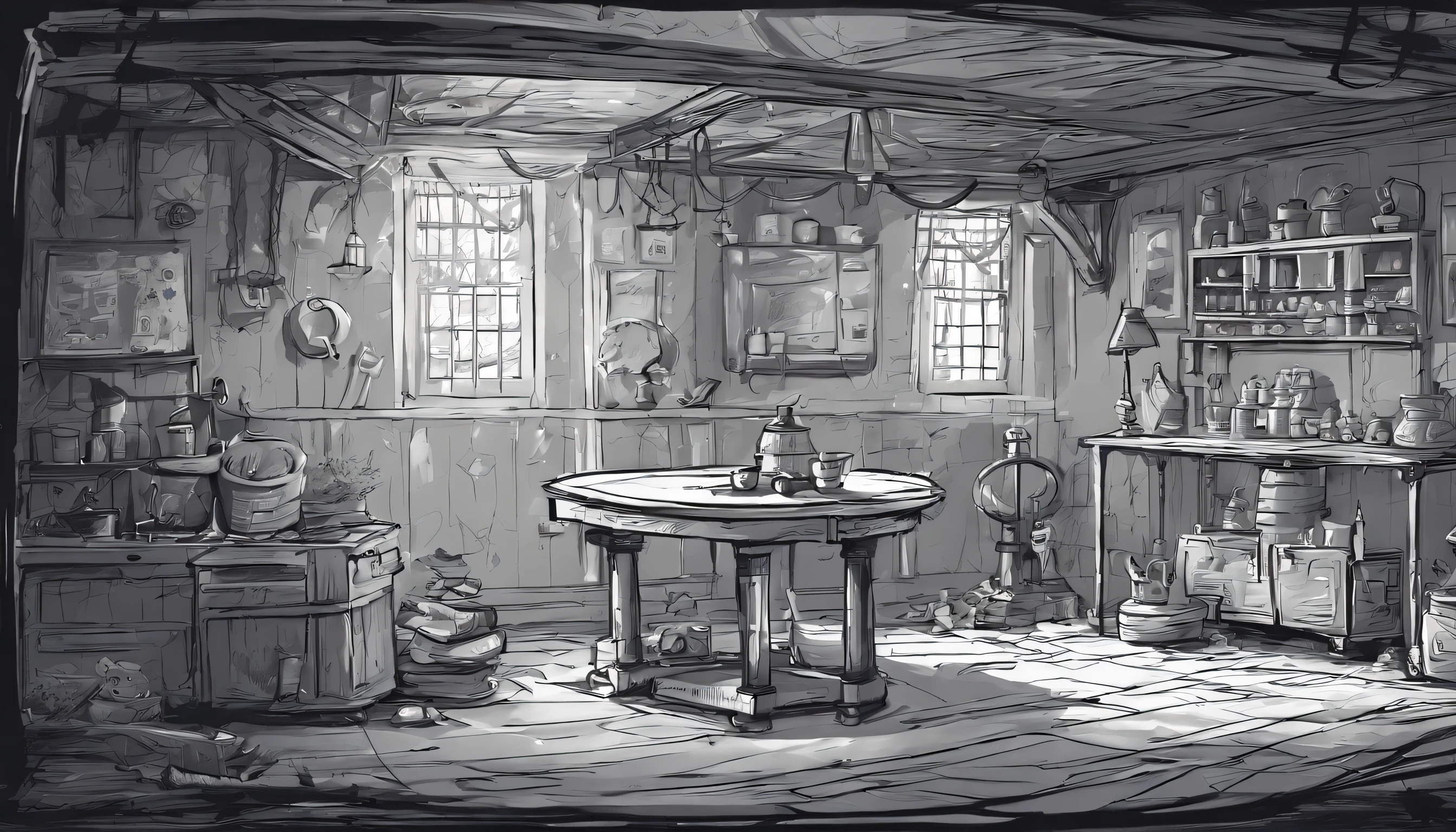 shabby victorian basement. Children's book style. Sketchy monochromatic.