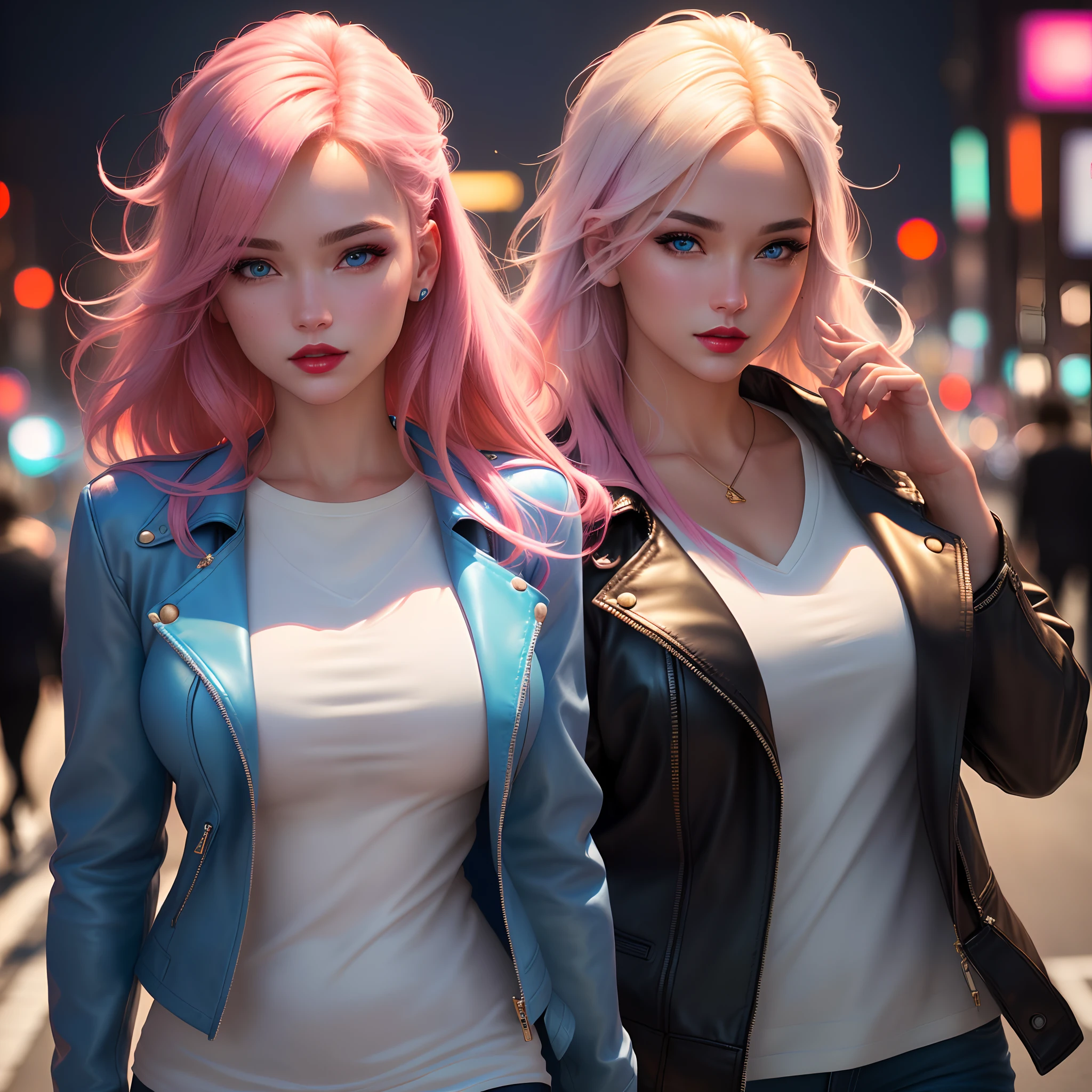 (masterpiece, Best quality, 1 girl, One, complex parts, Chromatic aberration), realistic, ((average breathing)),long hair, orange hair, Decoration on the head, pink highlights, hair over one eye, Earrings, keen eyes, necklace, neon shirt, Open jacket, crop top, (eye symmetry),(perfect symmetrical body),near the wall, Brick wall, graffiti, dim lighting, lane ,look at the viewer