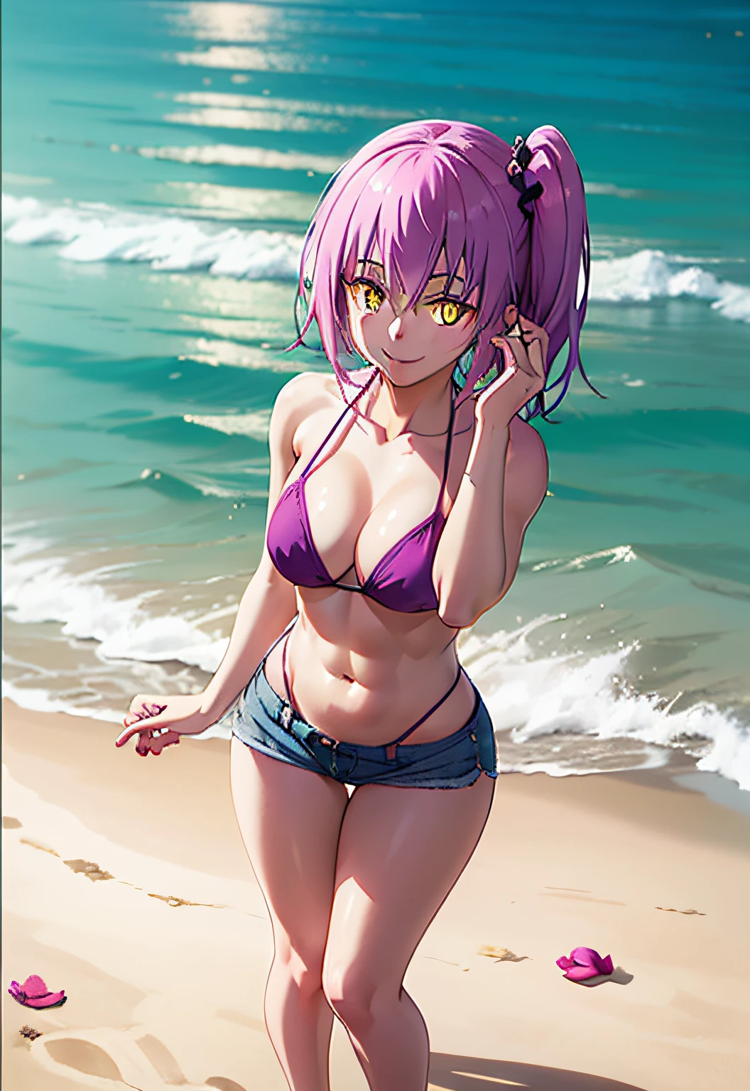 1 anime girl with purple hair, on the beach 1girl, solo, ((smile)), cute, yellow eyes, petals, pink hair, looking at the viewer ((tensure)), ((last)), wearing a bikini short, side ponytail, toned legs, thick muscular thighs, thin waist, muscular belly, standing, barefoot, 8K, ultra realistic