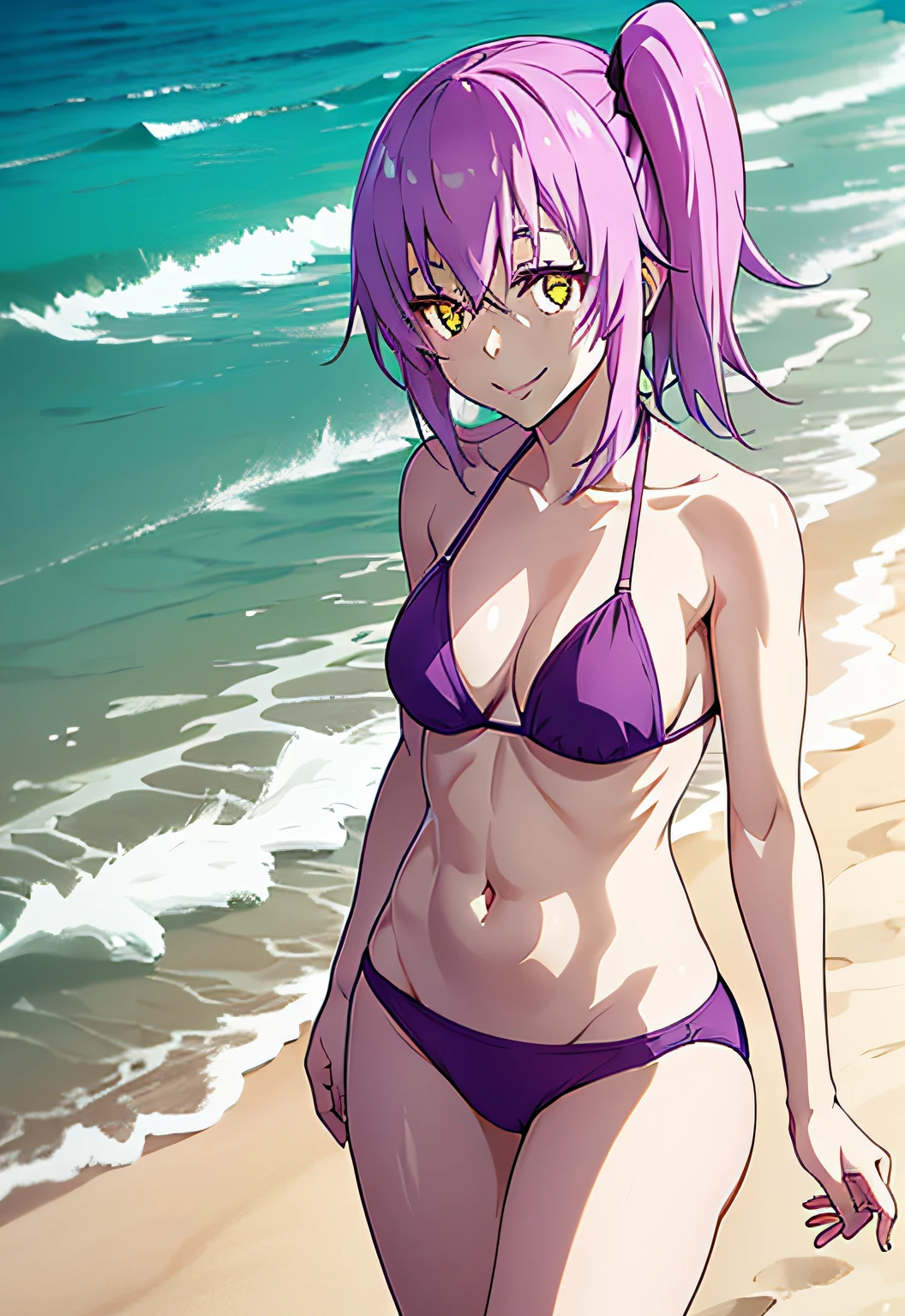 1 anime girl with purple hair, on the beach 1girl, solo, ((smile)), cute, yellow eyes, petals, pink hair, looking at the viewer ((tensure)), ((last)), wearing a bikini short, side ponytail, toned legs, thick muscular thighs, thin waist, muscular belly, standing, barefoot, 8K, ultra realistic