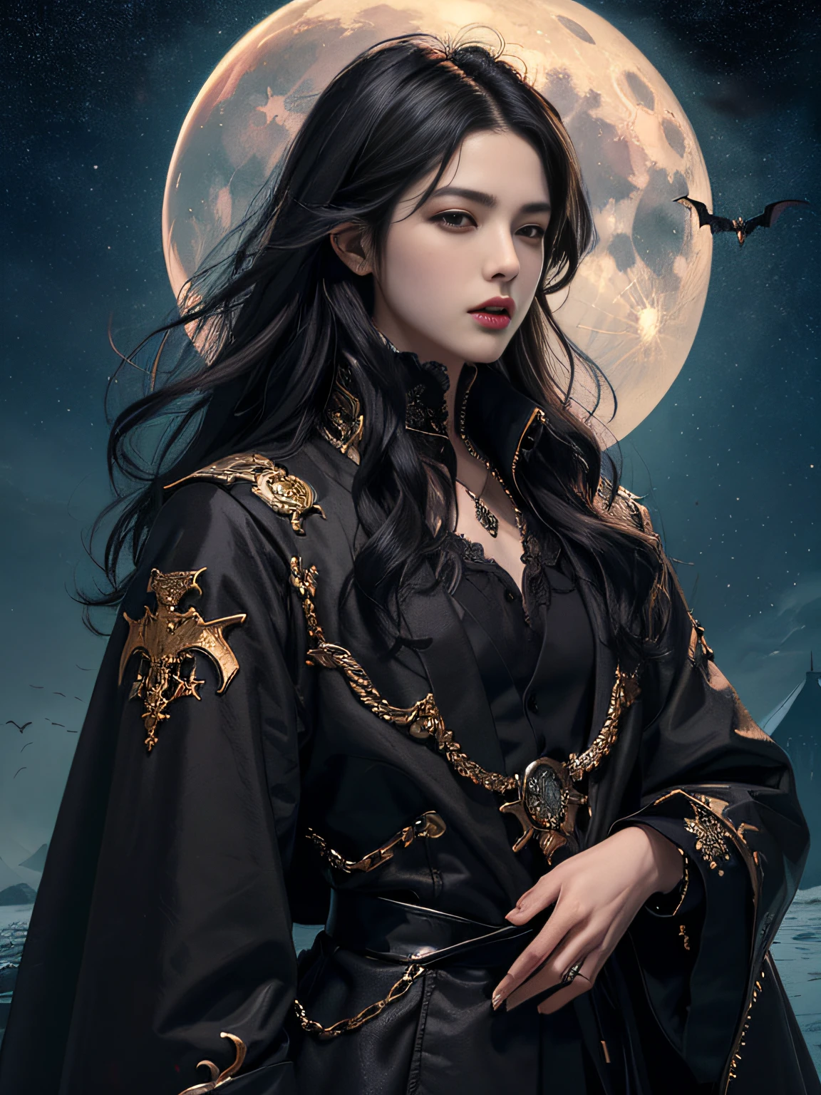 (a female and a male vampire) (masterpiece、top-quality、top-quality、Detailed and complex、official art、aesthetically pleasing:1.3)、(1 blackhaired male vampire in:1.3)、(Lee Min Ho look) (realistic art:1.3)、black coat, white shirt, gold accessories, gothic castle background. Moon and stars background.