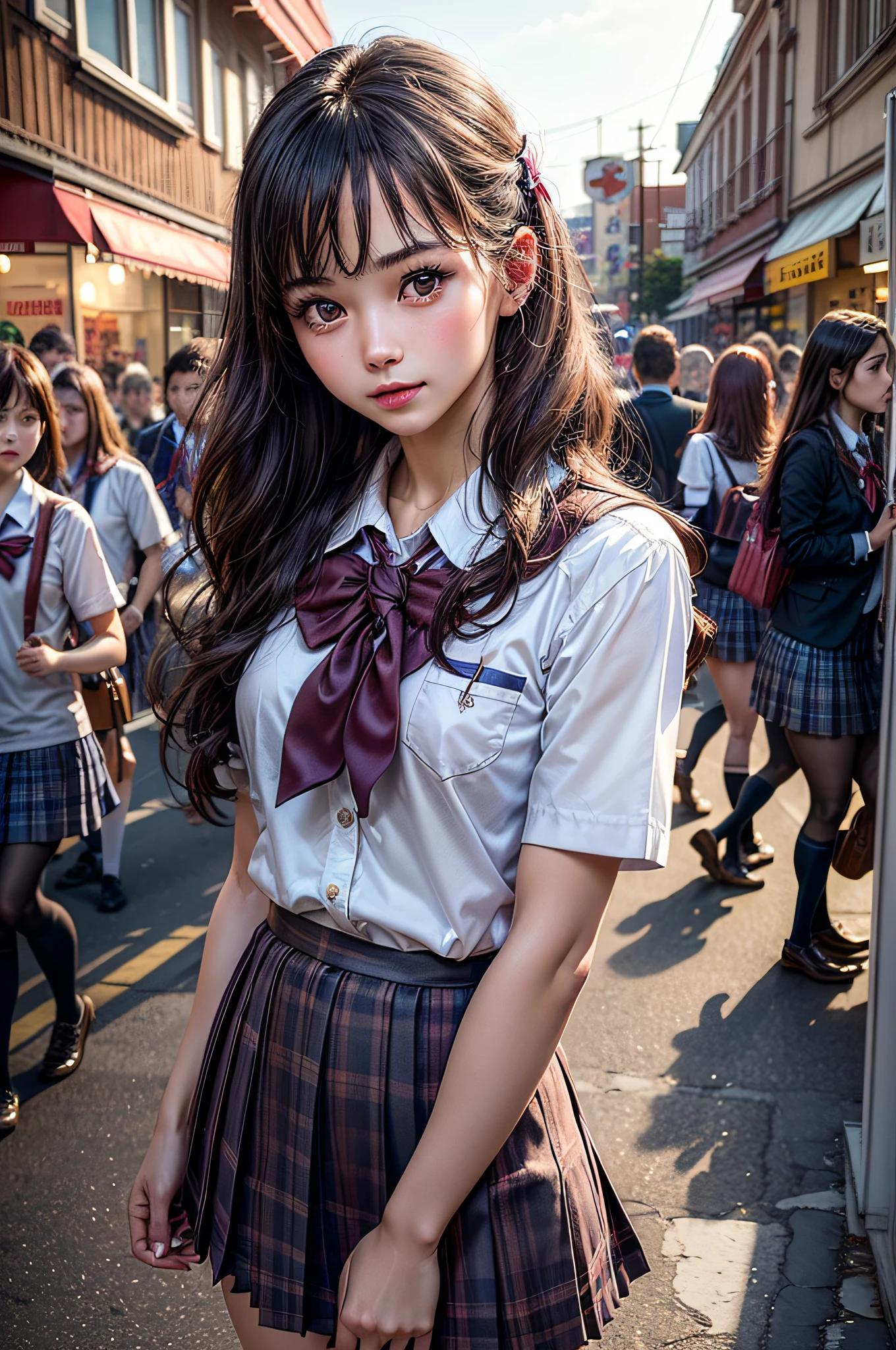 1girl, Amazing face and eyes, (extremely detailed beautiful face), (School uniform:1.5), (pleated mini skirt), (Best Quality:1.4), (Ultra-detailed), (Ultra realistic, photo-realistic:1.37), beautiful fair skin, extremely detailed CG unified 8k wallpaper, raw photos, professional photograpy, cinematic lighting, indoors, ((Shopping streets, candy stores,)), crowds,