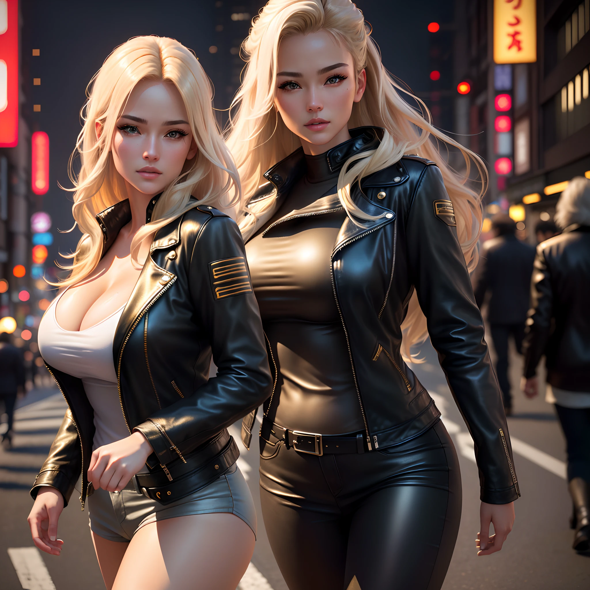 Create super realistic sexy female model with close shot ,beautiful face, big breasts size, big butt, leather jacket , golden hair , 8k resolution , detailed skin texture , hairs should be detailed, capture Sony alpha camera, high res, dramatic lighting,walking in Tokyo street, Tokyo city background