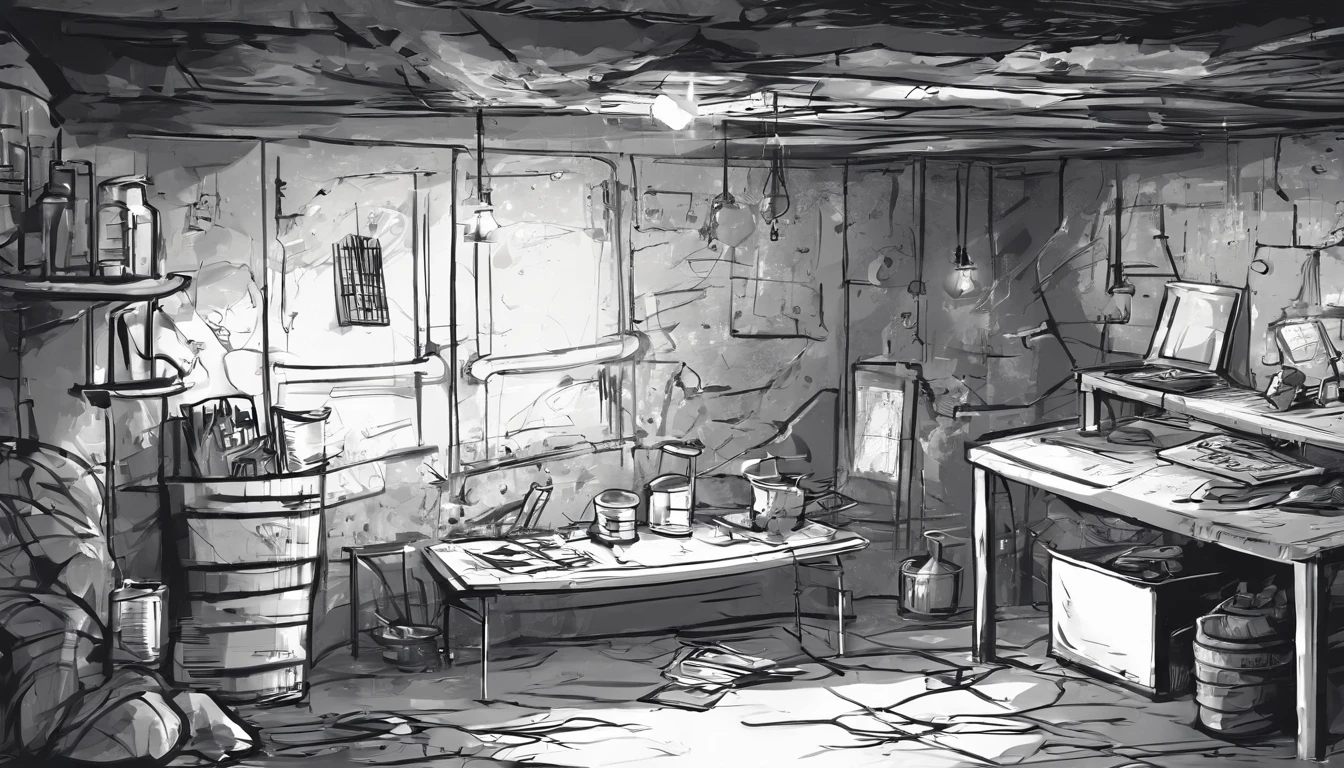 shabby concrete basement. Children's book style. Sketchy monochromatic. black ambiance