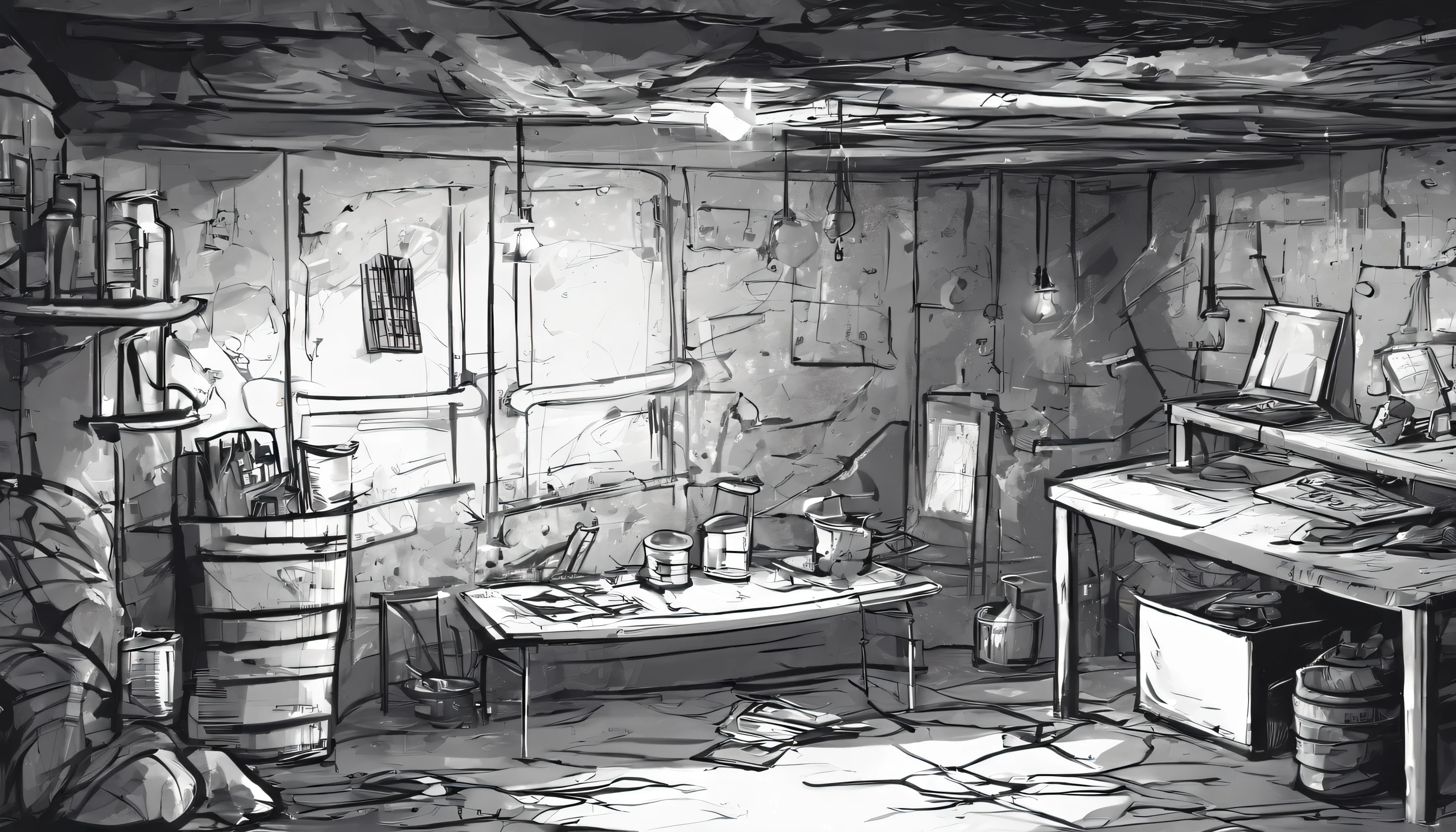 shabby concrete basement. Children's book style. Sketchy monochromatic. black ambiance