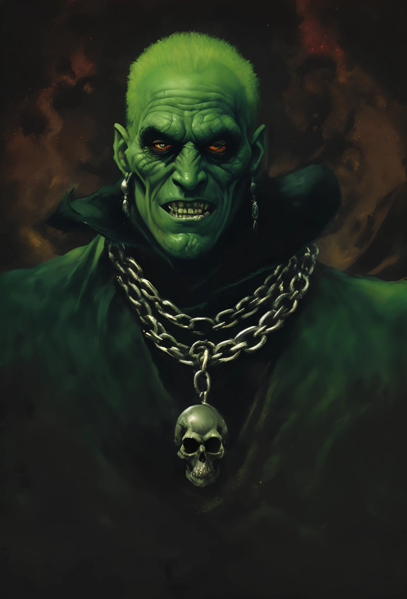 Painting of a green monster with a skull and chain around its neck, Retrato de uma orca, Frankenstein bonito, retrato verde do duende, Frankenstein colossal, Retrato de um Orc, O Senhor da Peste, menacing orc, inspirado em Simon Bisley, Retrato do Hulk, Retrato do Professor Sinistro, Estilo de Simon Bisley, inspirado em Joe Jusko, Ork