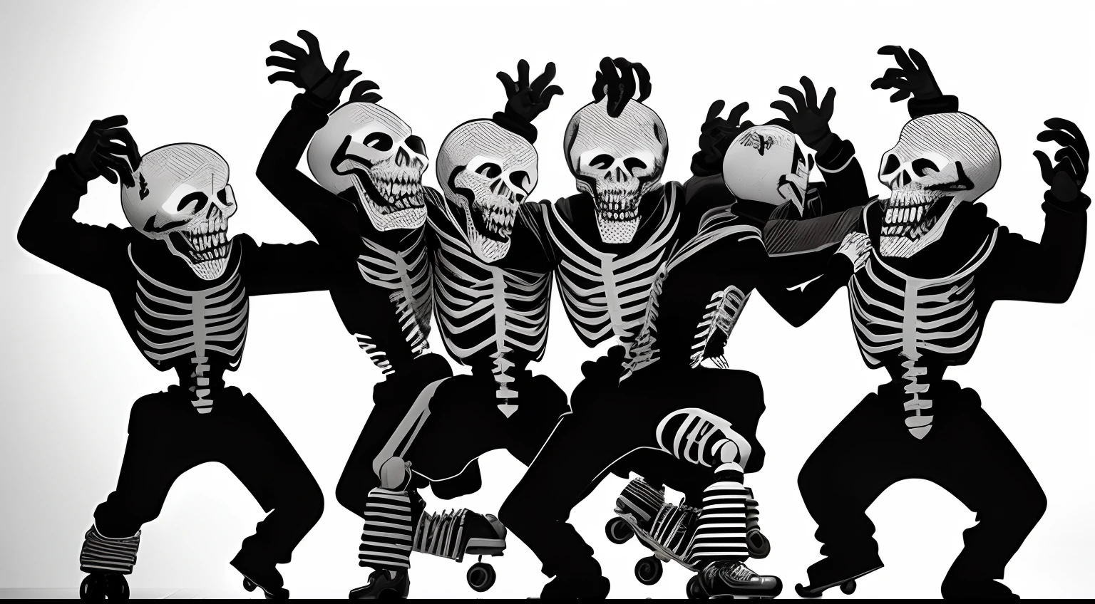 Skeleton dancing on roller skates at a party with famous monsters