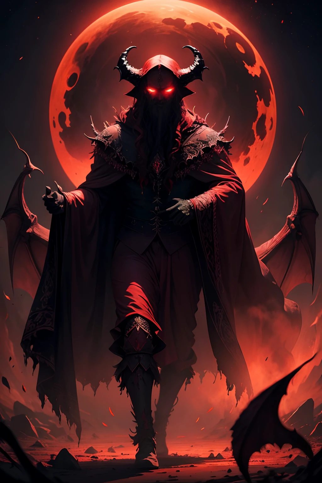From the depths he emerges, devil,
The Cthulhu's Parade in crimson hues.
Whispers of the otherworldly echo,
A festival where madness and beauty fuse.
In the night sky adorned with abyssal splendor, warm colors
Feathers stained with blood dance and soar....