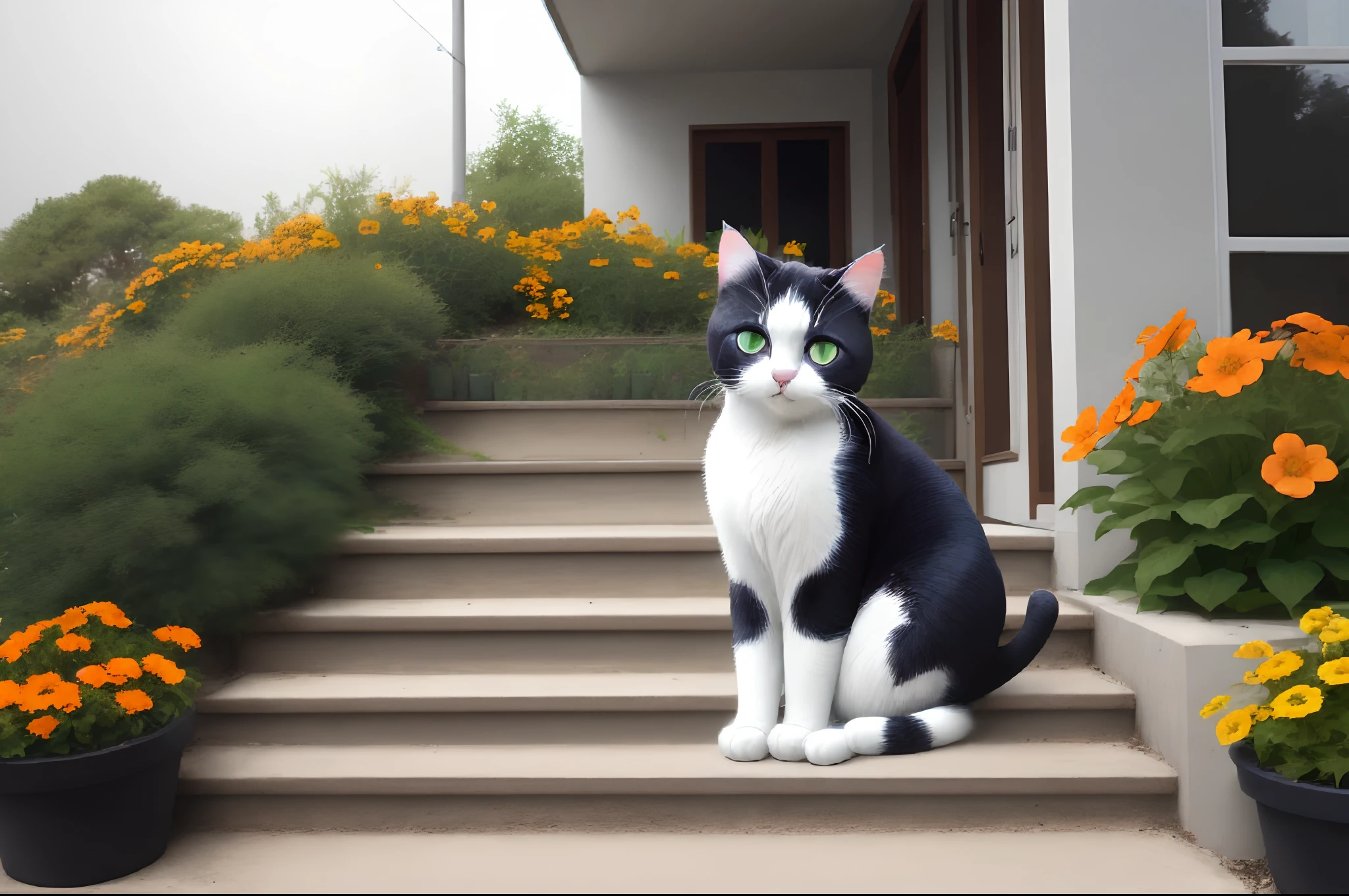 Black and white milk cat cute sitting outside the house steps to see blue butterfly garden with red、de cor laranja、yellow、green、Blue variety of flowers