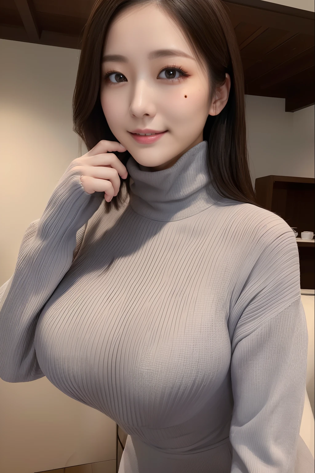 Japan woman in turtleneck sweater、
(((​masterpiece))), ((top-quality)), ((intricate detailes)), (((hyper realisitic)), Absurd resolution, Near and far law, ighly detailed, Realistic, 1girl in, ((Colossal tits)), perfect hand, Detailed finger, beatiful detailed eyes, shorth hair, Brown-eyed,(turtle neck:1.2), tight skirts, 细致背景, a choker, perfect  eyes, mesmerizing eyes, Look at viewers, from the front side、A smile、Mole on the mouth、Knitted dresses