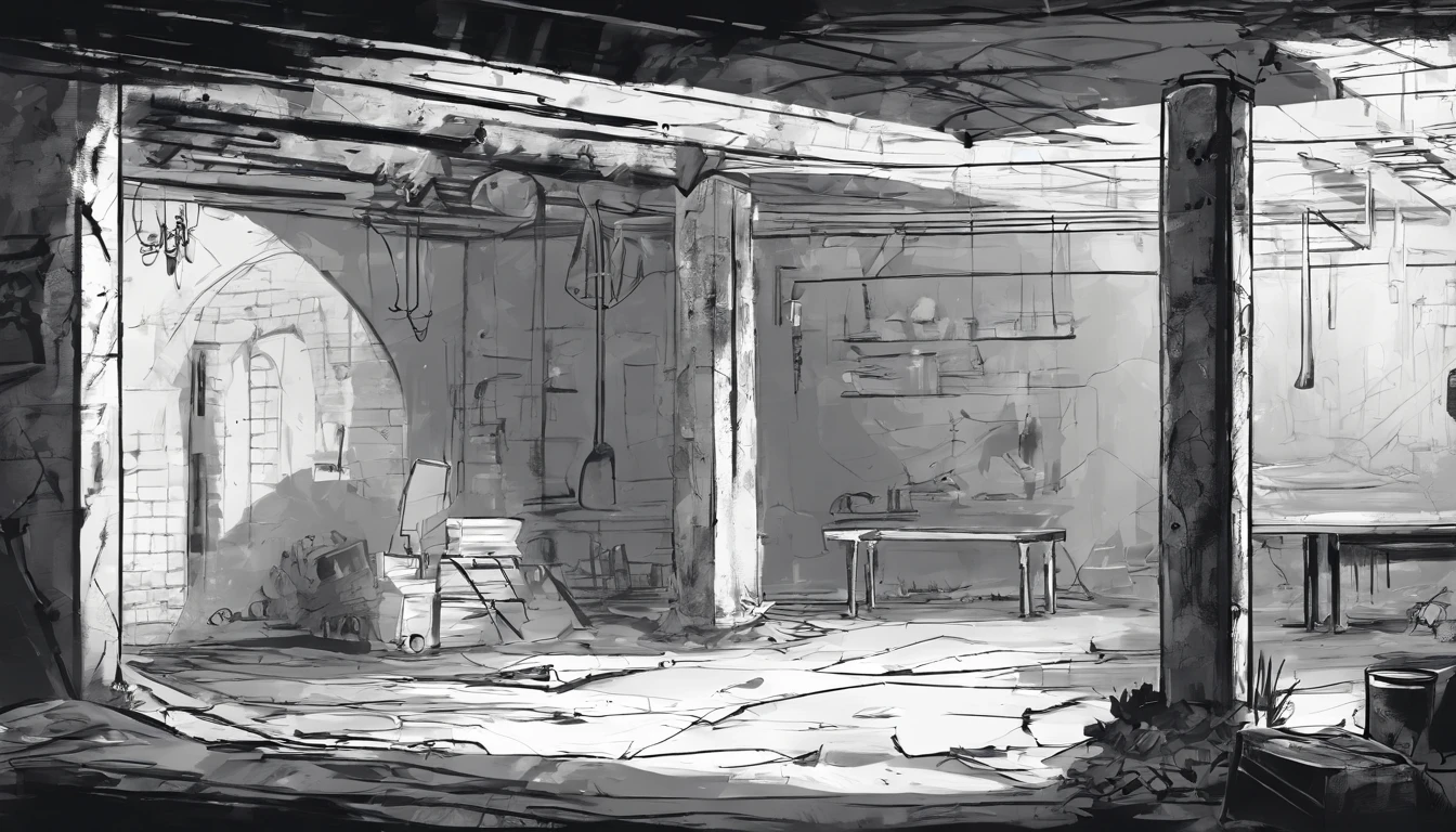shabby concrete basement. Children's book style. Sketchy monochromatic. black ambiance