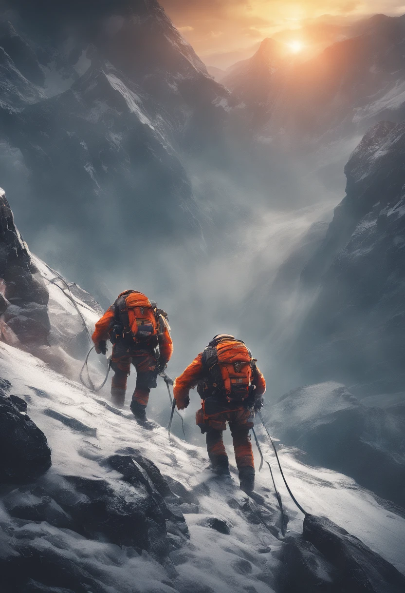best quality,4k,8k,highres,masterpiece:1.2,ultra-detailed,realistic:1.37,extreme detail description,physically-based rendering, HDR,ultra-fine painting,sharp focus,professional,vivid colors,bokeh,(a group of mountaineers:1.1),rope,rescue operation,extreme sports,climbing uphill,perseverance,(brave rescue scene:1.2),emergency response team,full body shot,stunning effects,studiolighting,UHD